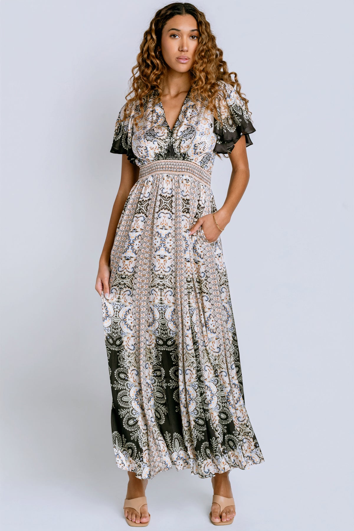 charmeuse maxi dress Luxe Tiles Print Charmeuse Maxi Shirt Dress - Multi