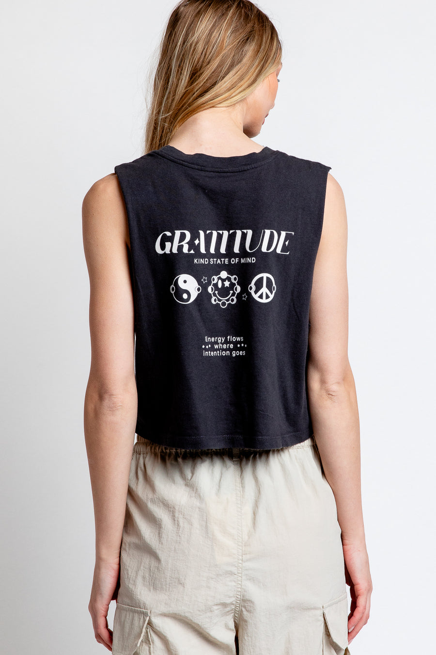 Spiritual Gangster Gratitude Callie Crop Tank in Vintage Black