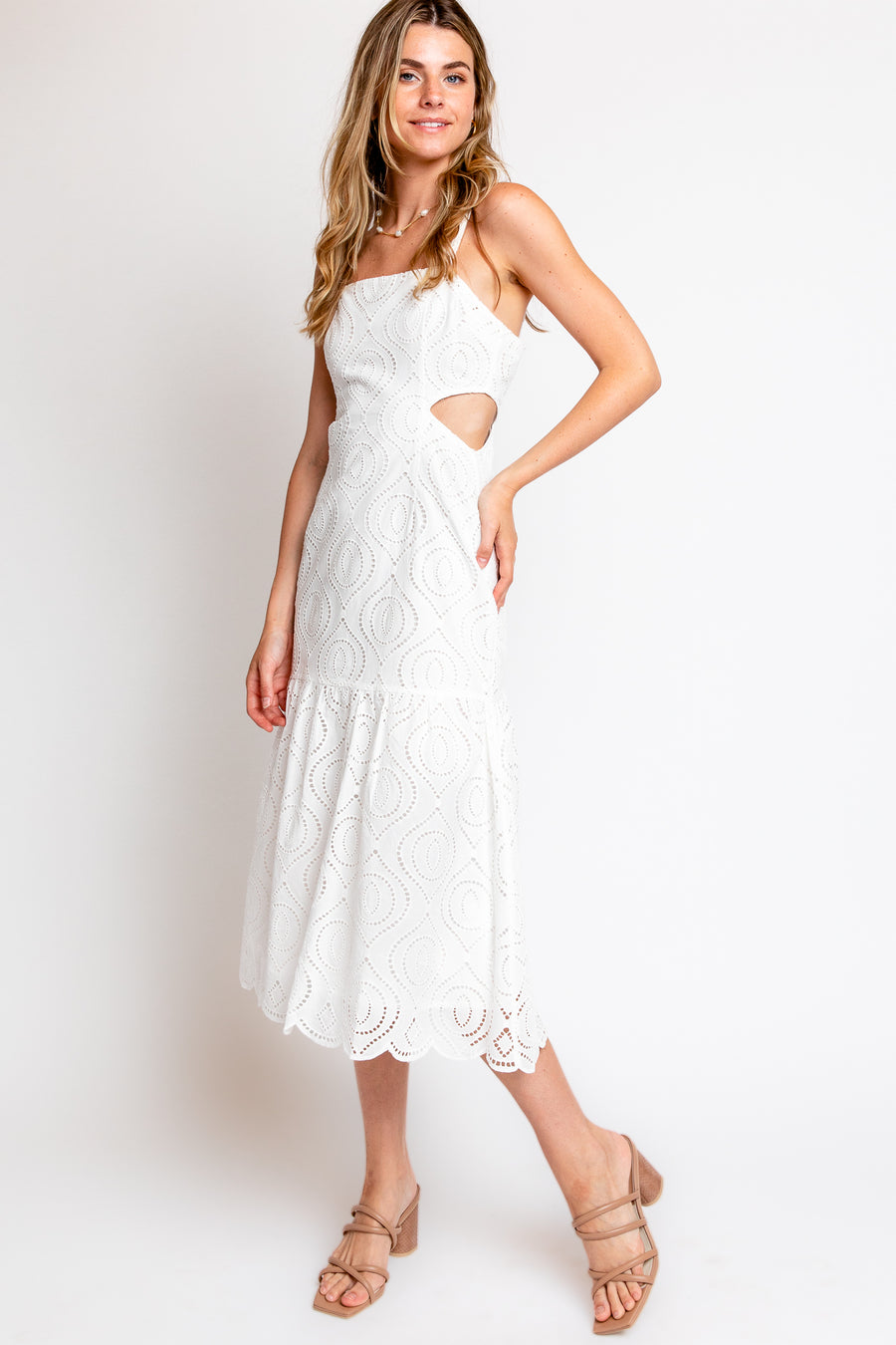 MINKPINK Viola Embroidery Midi Dress in White