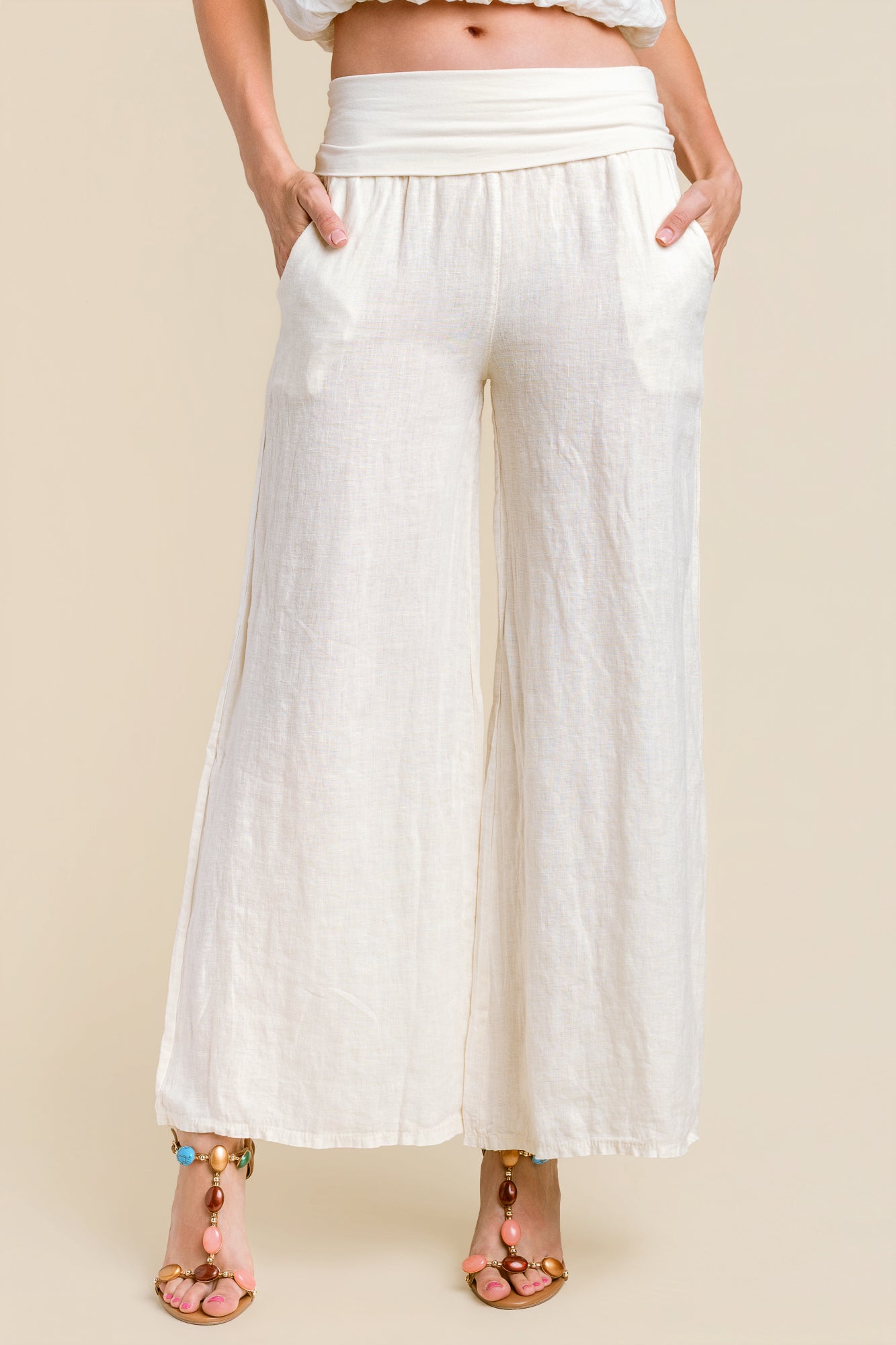 Foldover Waist Linen Palazzo Pant