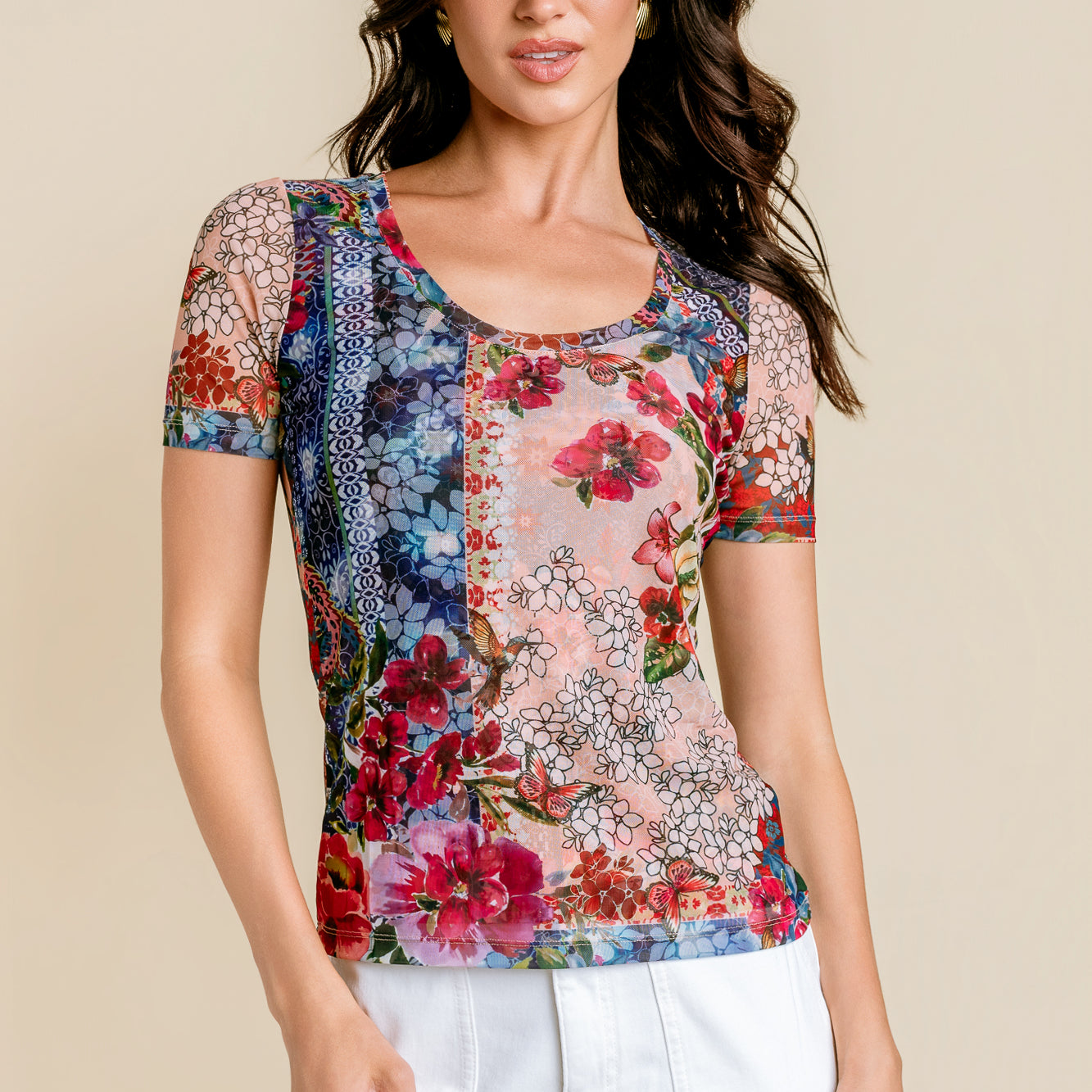 Short Sleeve Scoop Neck Mesh Tee