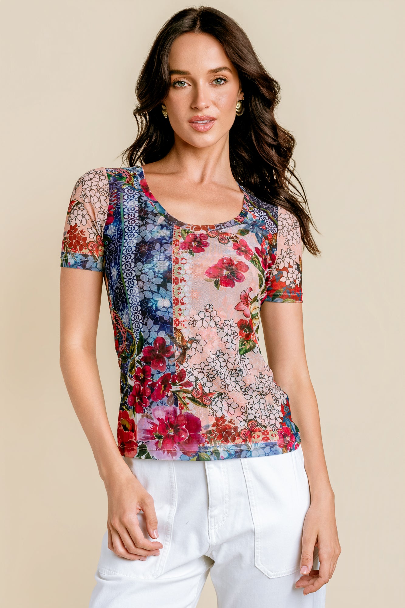 Short Sleeve Scoop Neck Mesh Tee