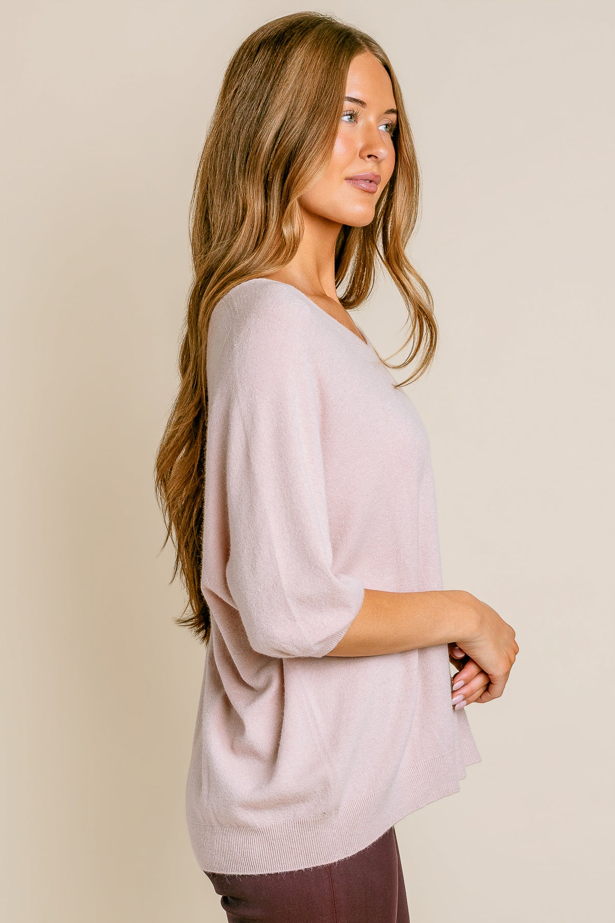 Ribbed Cuff V-Neck Knit Top