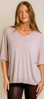Ribbed Cuff V-Neck Knit Top