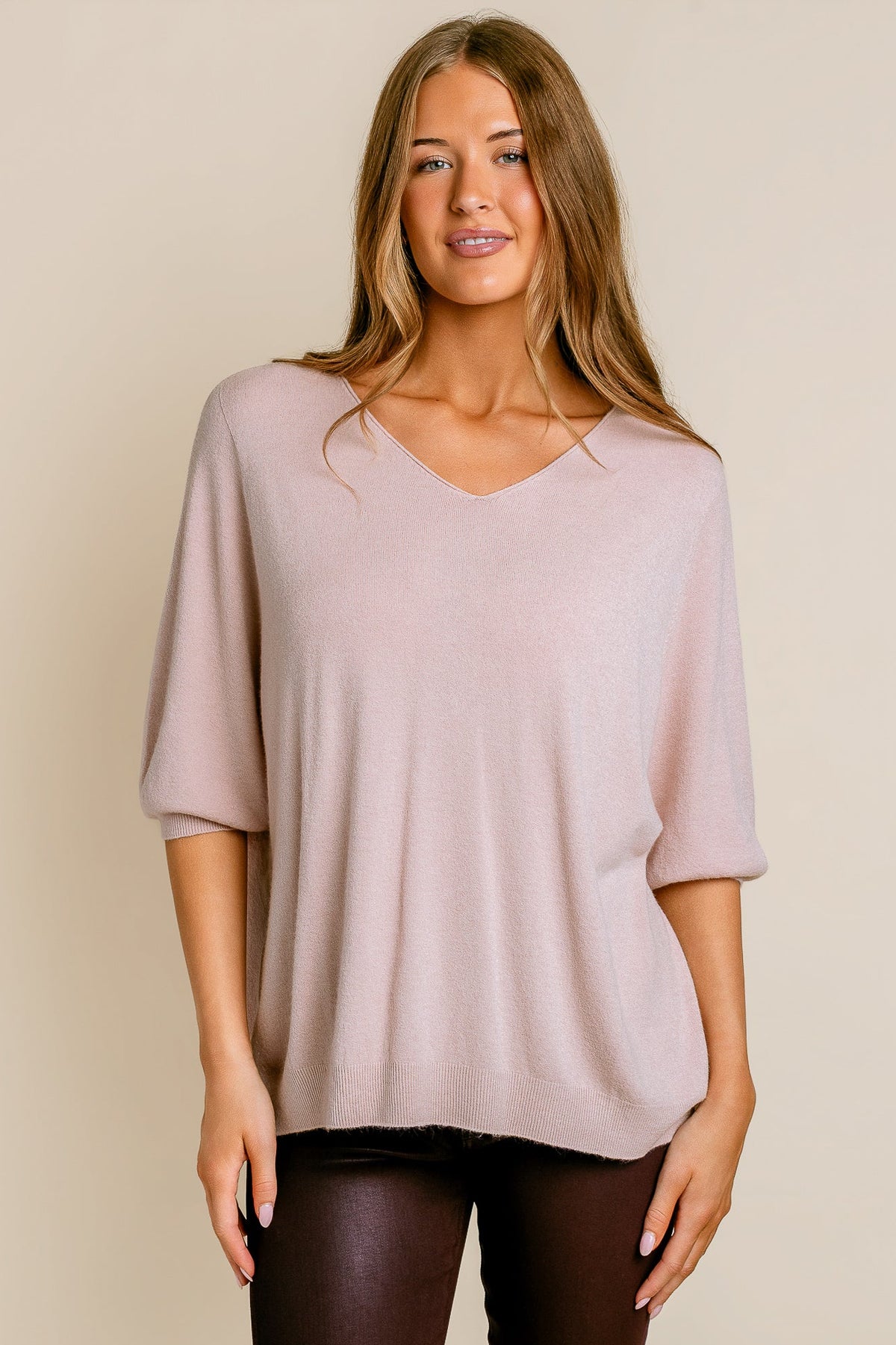 Ribbed Cuff V-Neck Knit Top