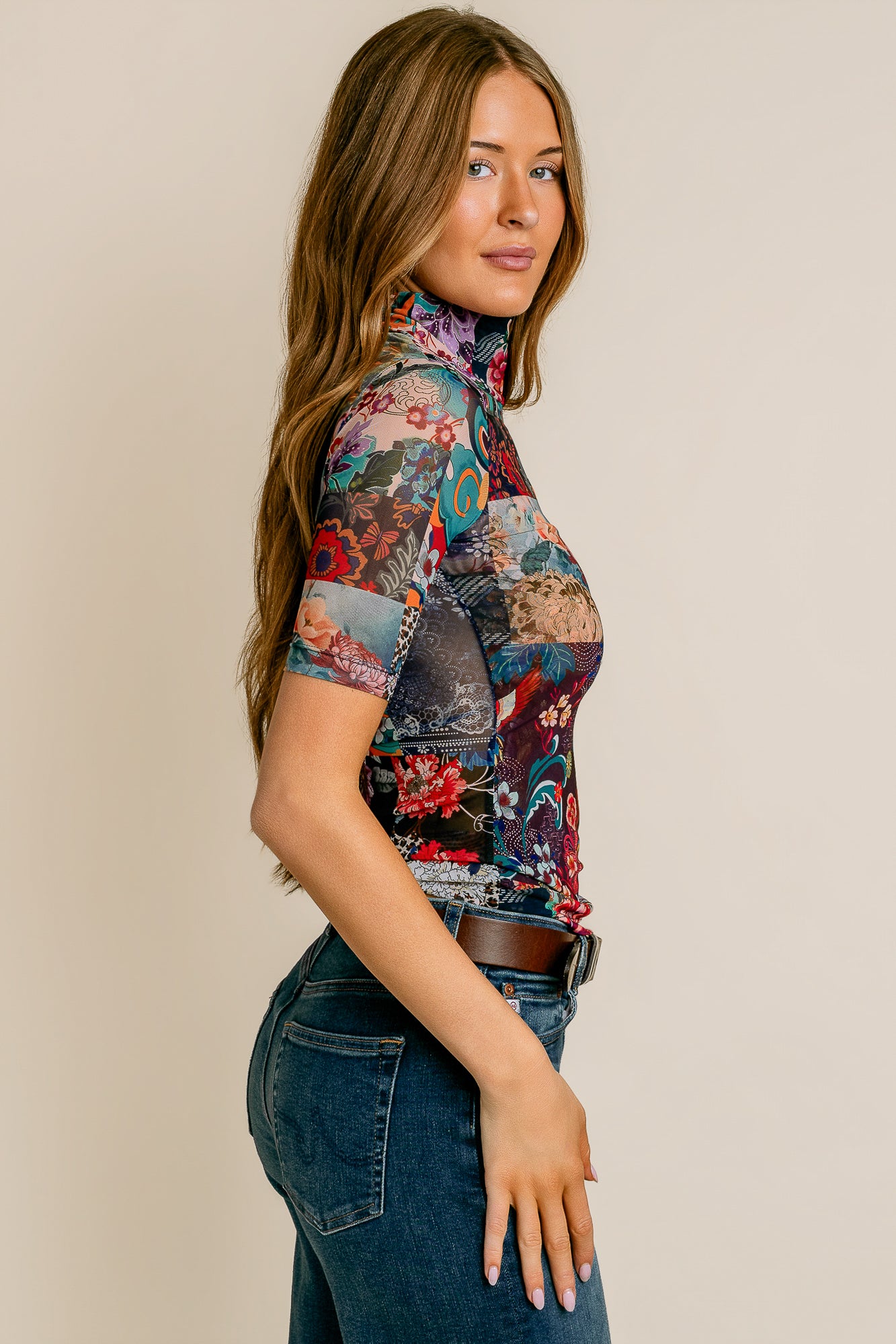 Mesh Elbow Sleeve Mock Neck