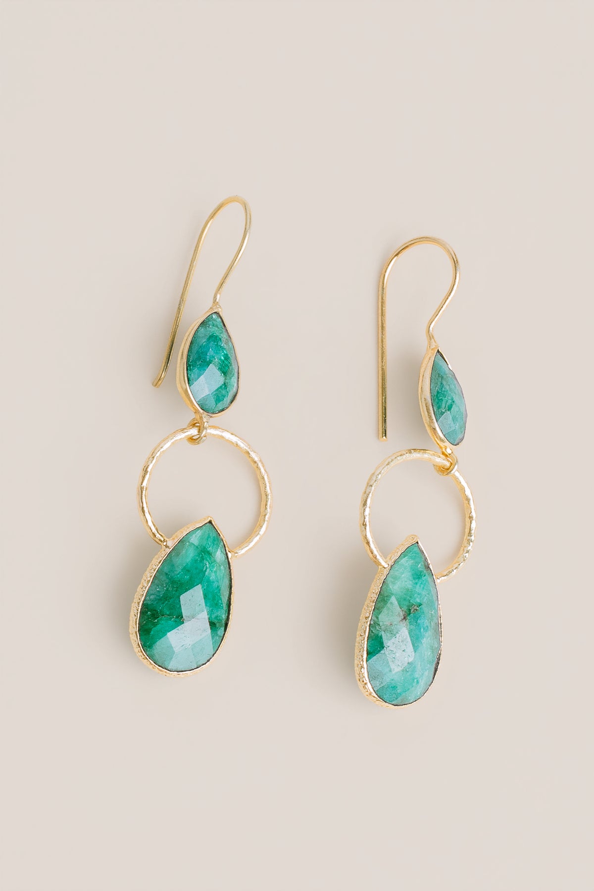 Raw Emerald Double Teardrop Hoops