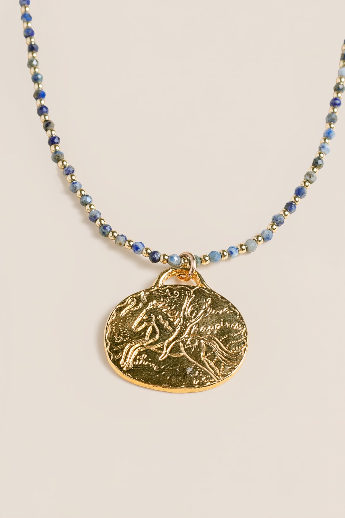 Lisa Marie Jewelry Running Horse Pendant, Lapis, Gold Beads