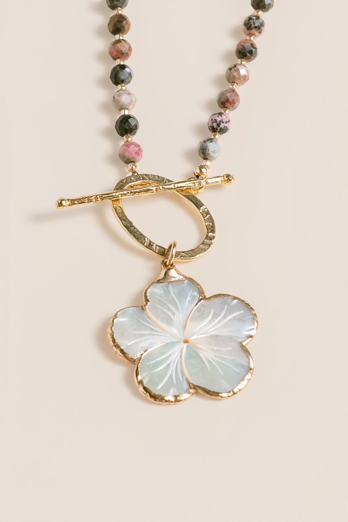 Lisa Marie Jewelry Mother of Pearl Flower, Rhodochrosite Short Necklace