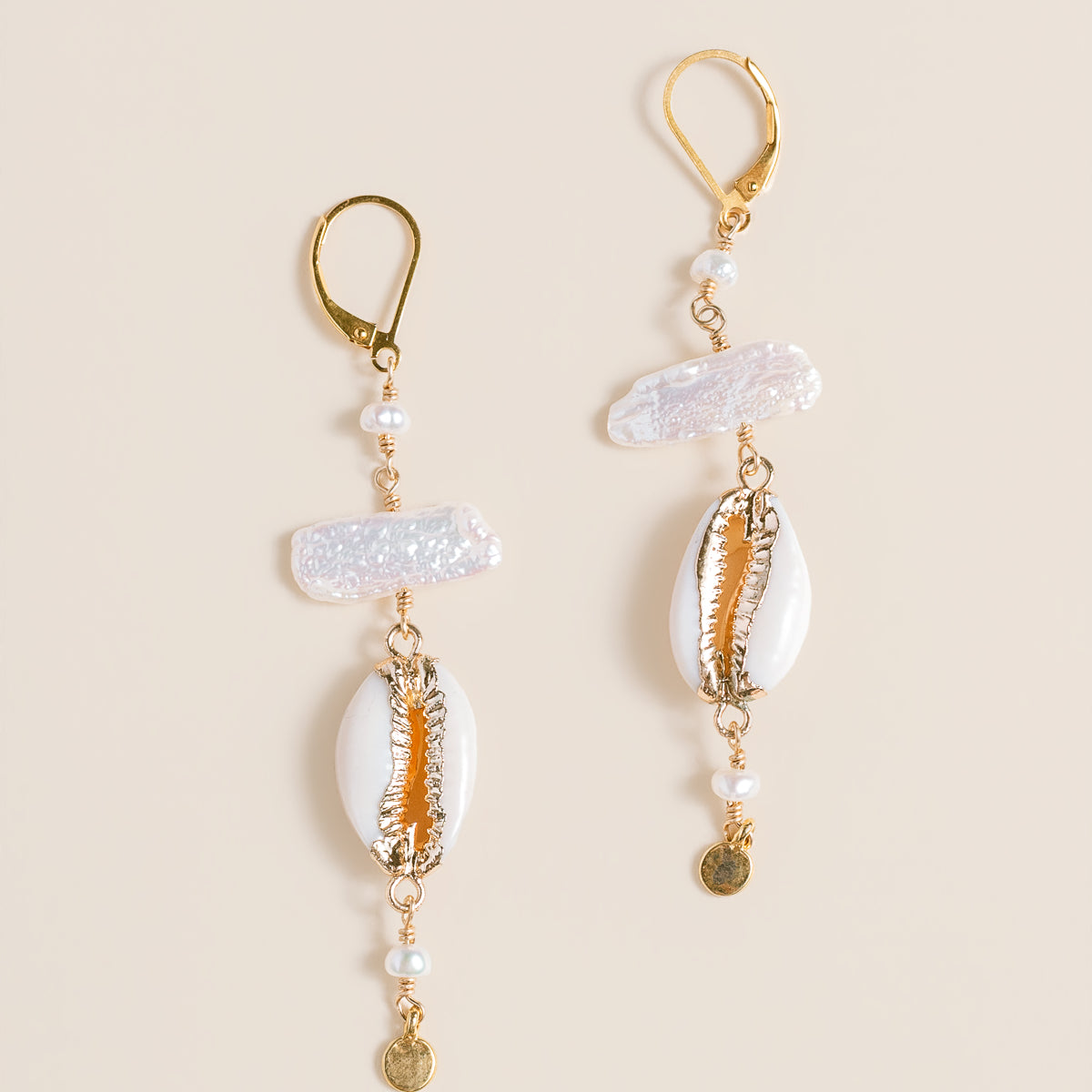 Lisa Marie Jewelry Shell, Biwa Pearls, Gold Disc Earring