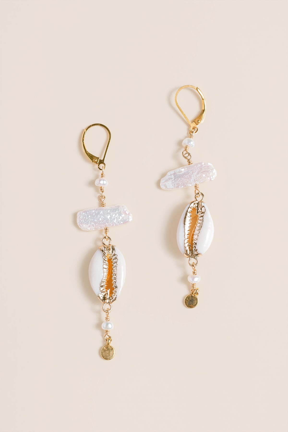 Lisa Marie Jewelry Shell, Biwa Pearls, Gold Disc Earring