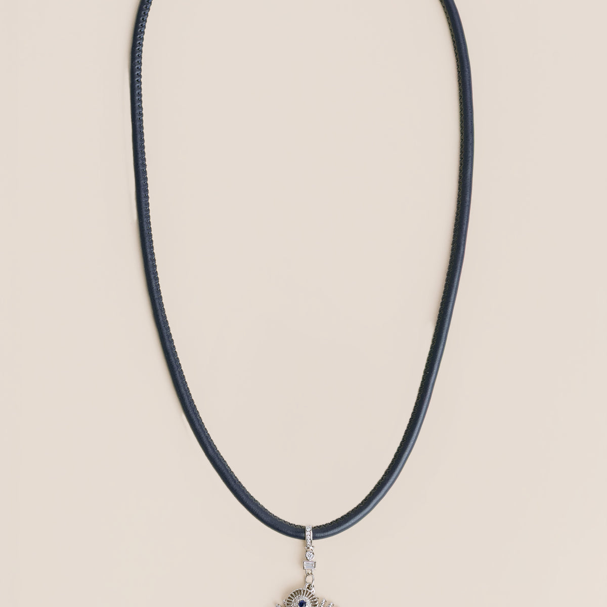 Navy Leather Rhodium Sunburst Necklace