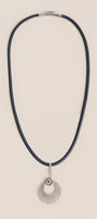 Navy Leather Rhodium Sunburst Necklace
