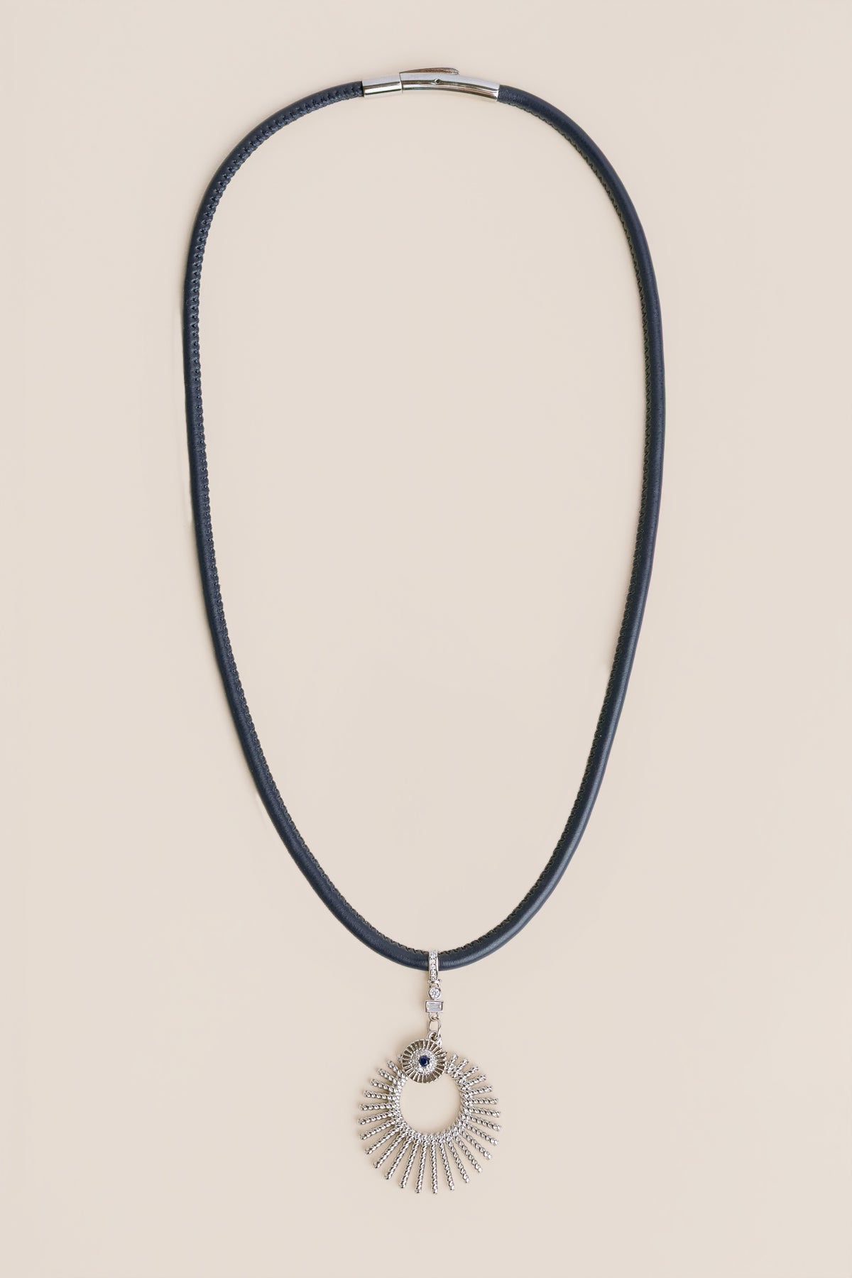 Navy Leather Rhodium Sunburst Necklace