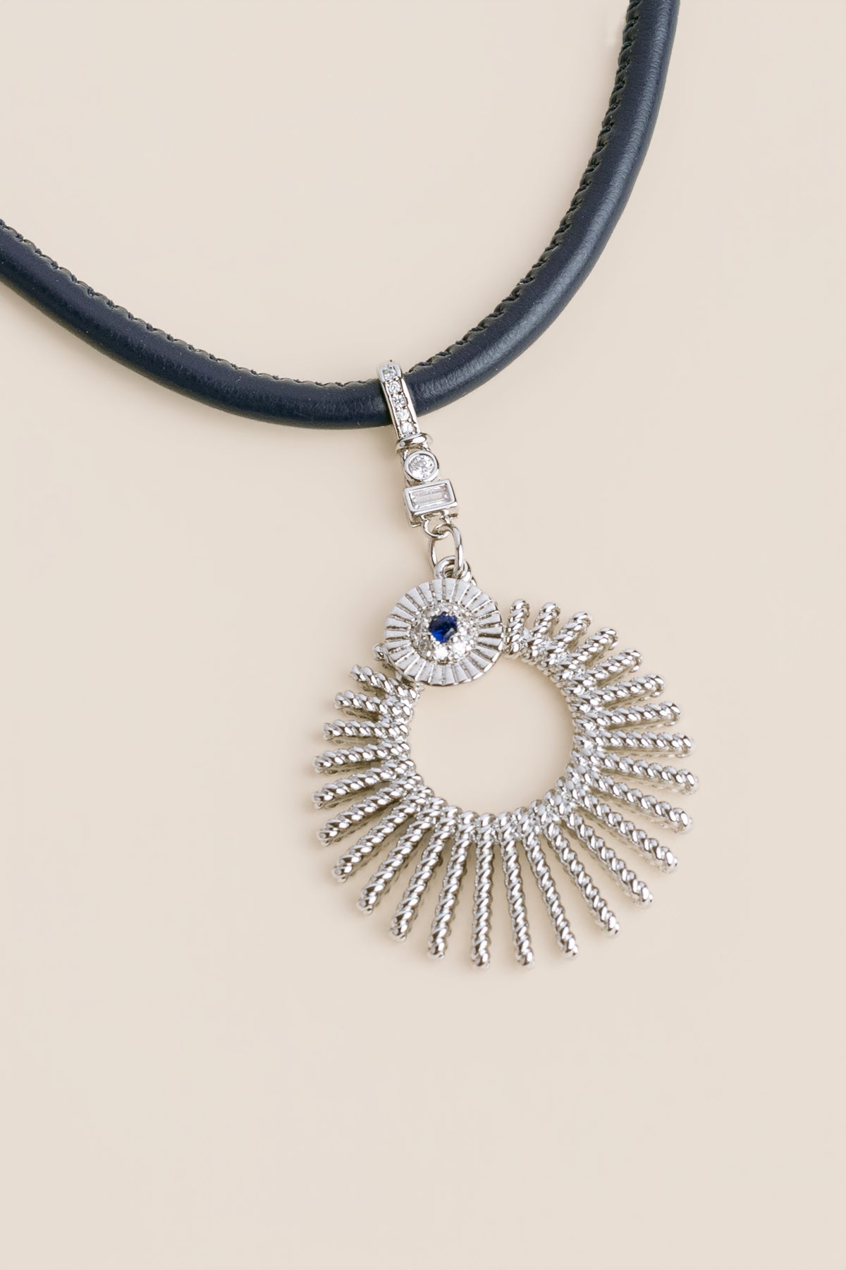 Navy Leather Rhodium Sunburst Necklace