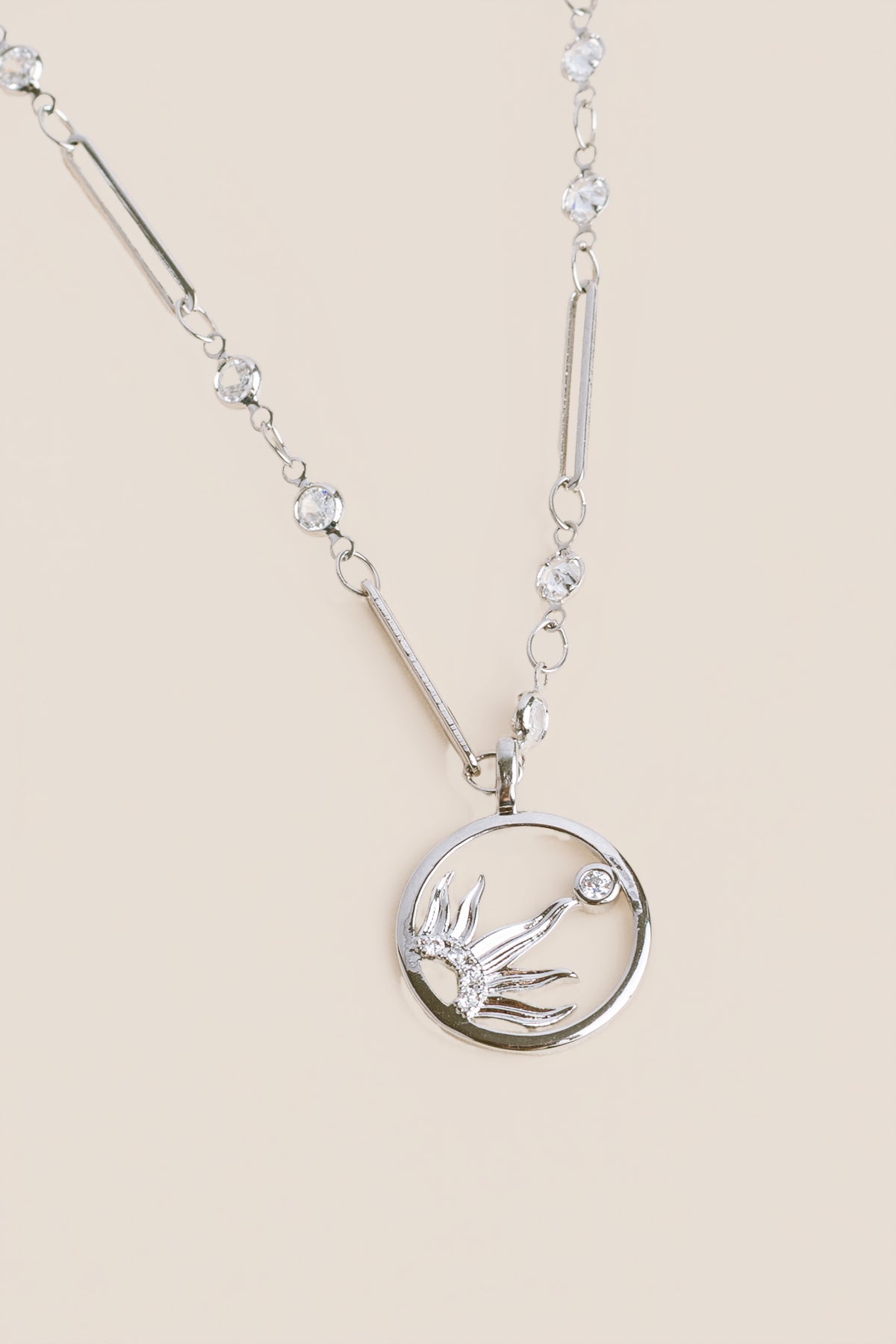Half Sun Rhodium Circle Pendant Necklace