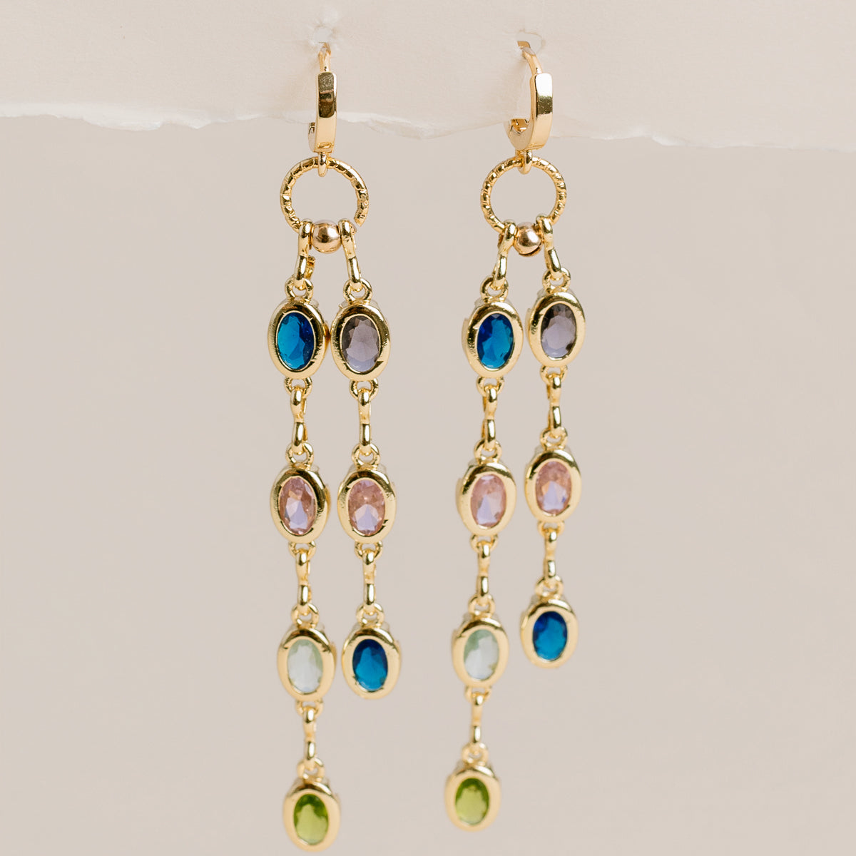Colorful Bezel Double Chain Earrings