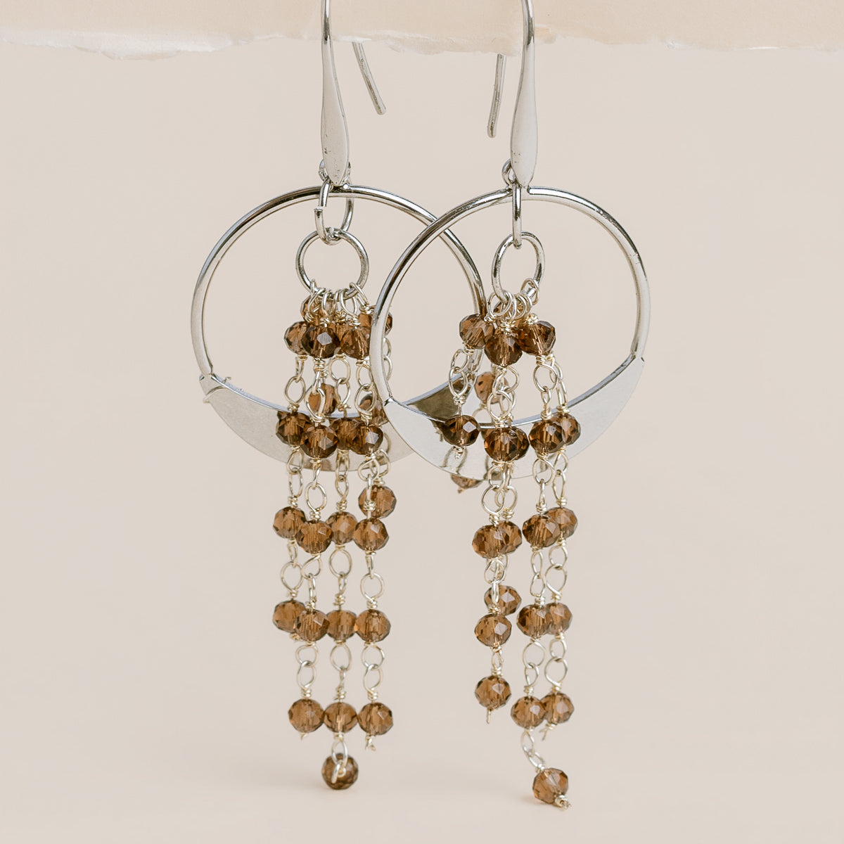 Rhodium Circle Smoky Quartz Earrings