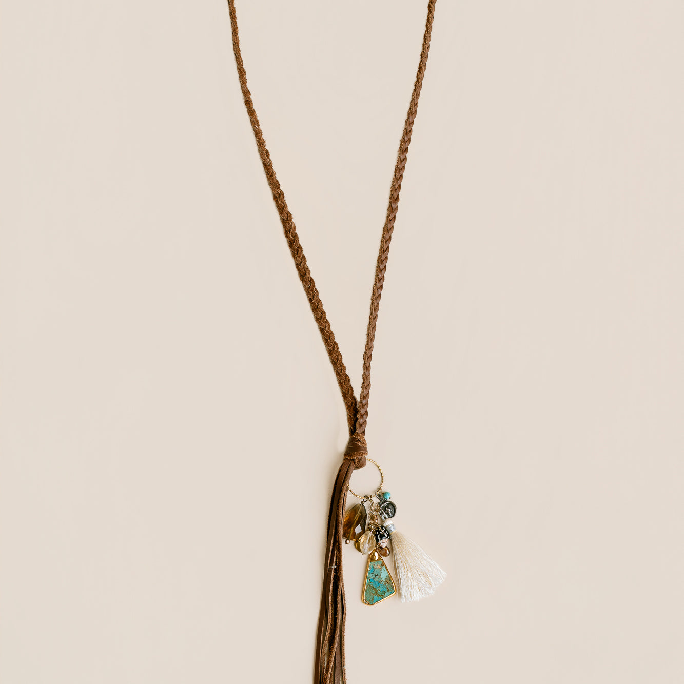 Brown Leather, Turquoise, Citrine Tassel Necklace
