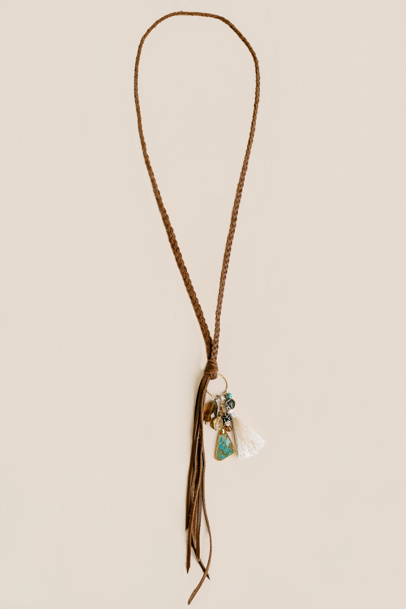 Brown Leather, Turquoise, Citrine Tassel Necklace