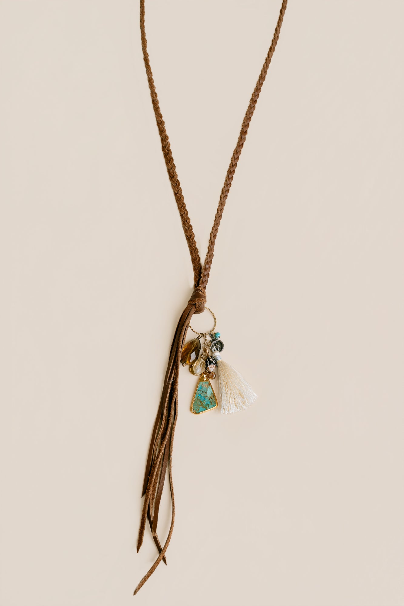 Brown Leather, Turquoise, Citrine Tassel Necklace