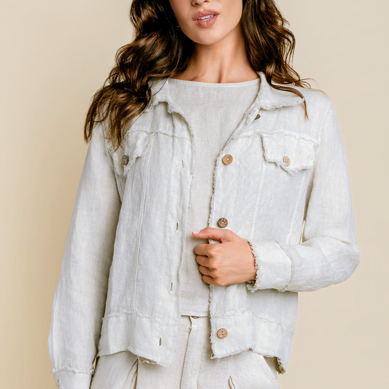 Fringe Hem Button Down Linen Jacket