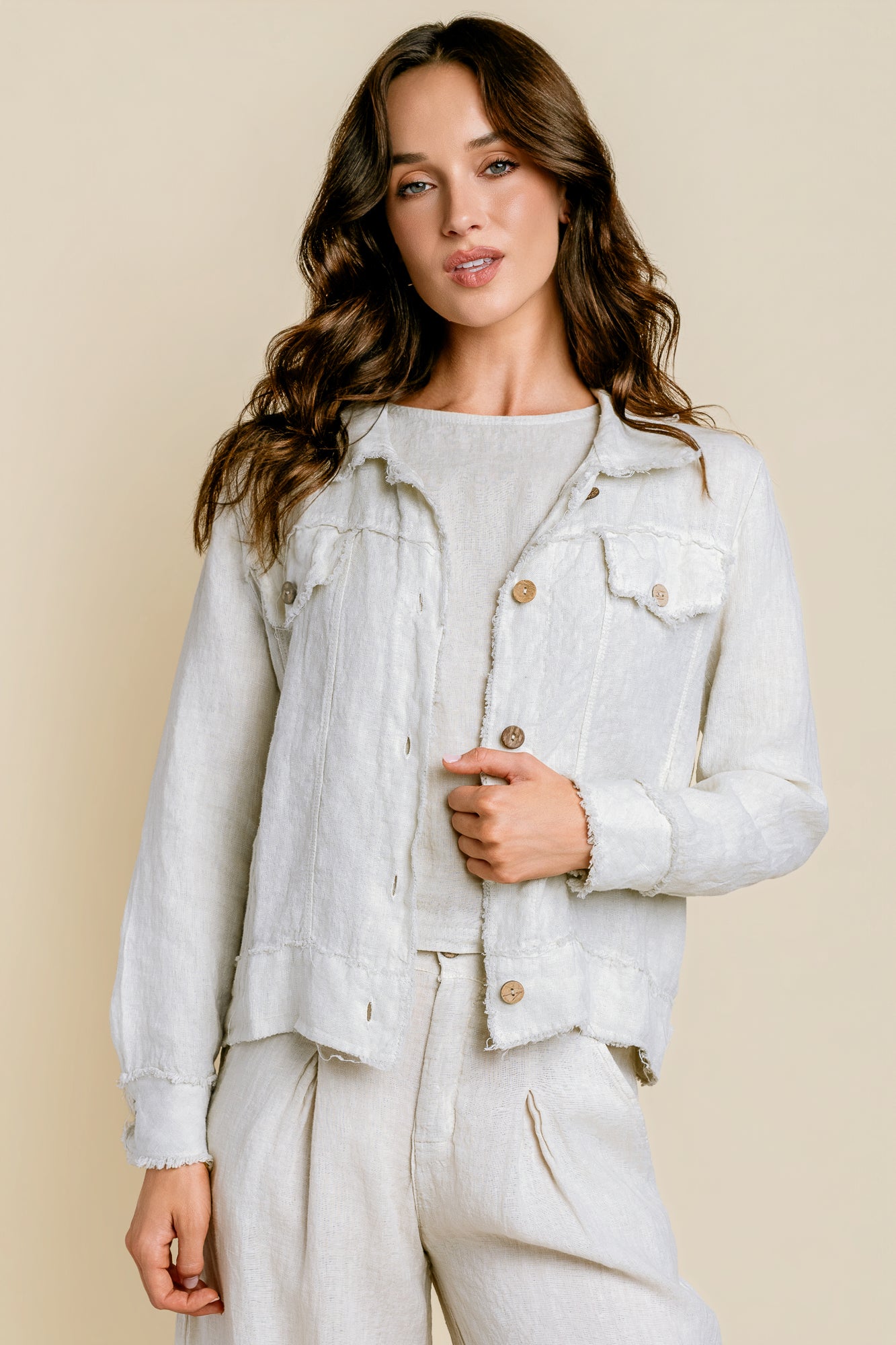 Milio Milano Fringe Hem Button Down Linen Jacket