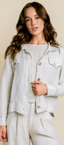 Fringe Hem Button Down Linen Jacket