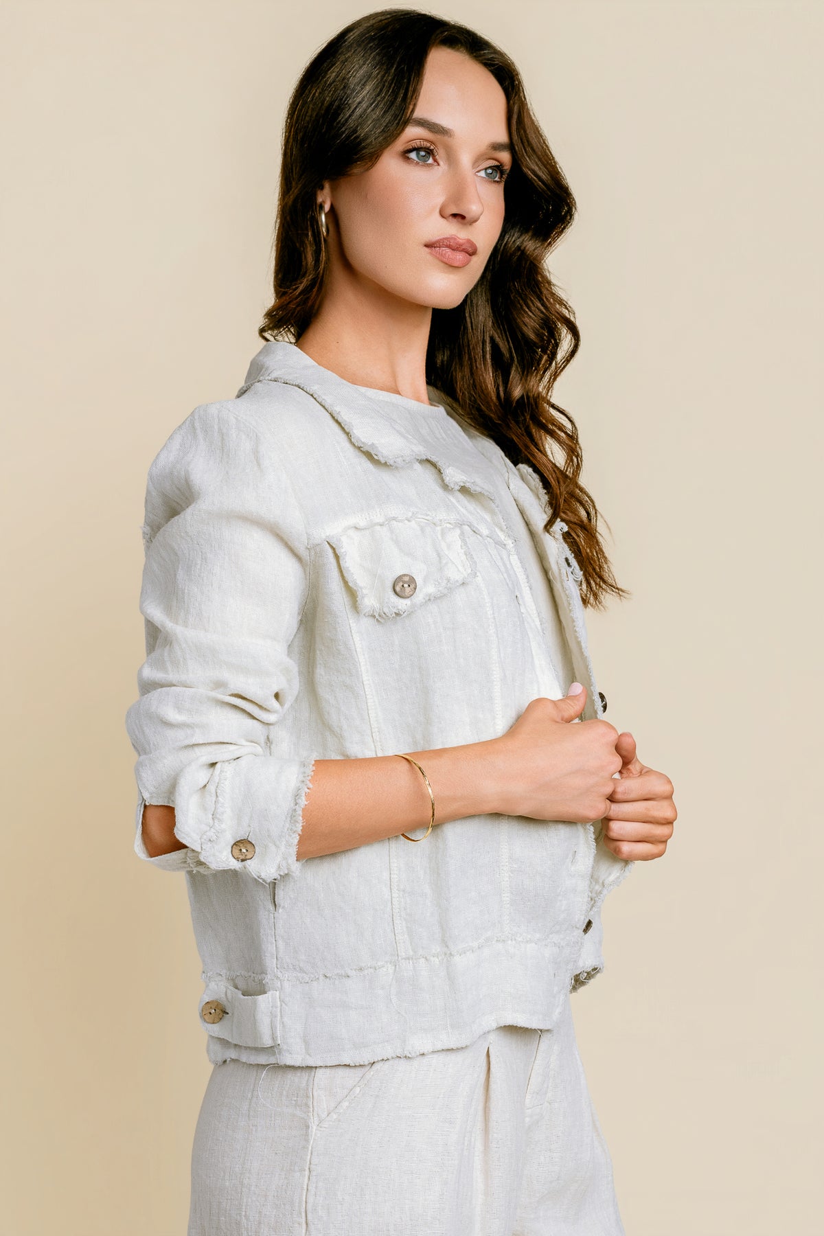 Fringe Hem Button Down Linen Jacket