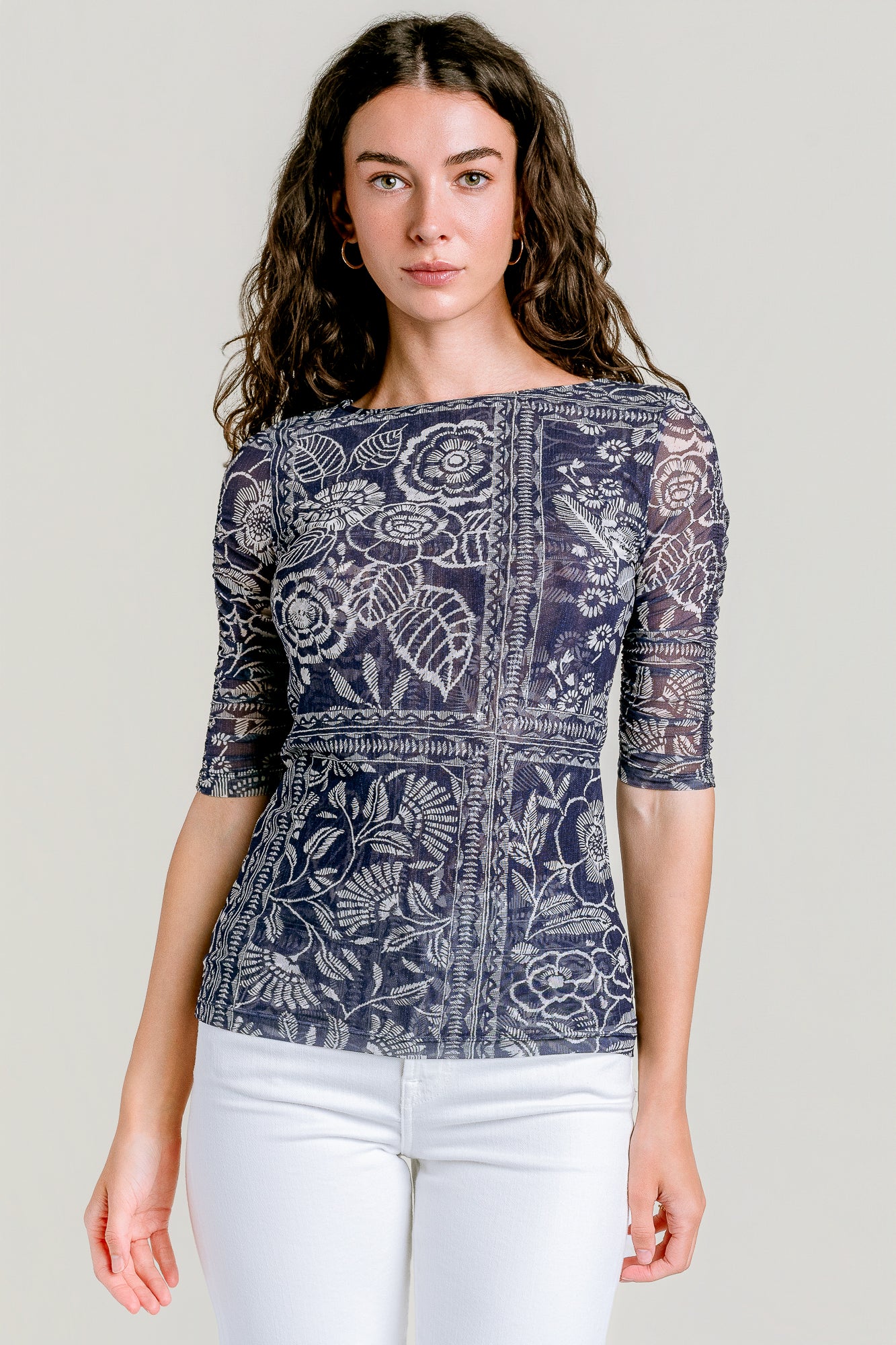 Ruched Sleeve Mesh Top