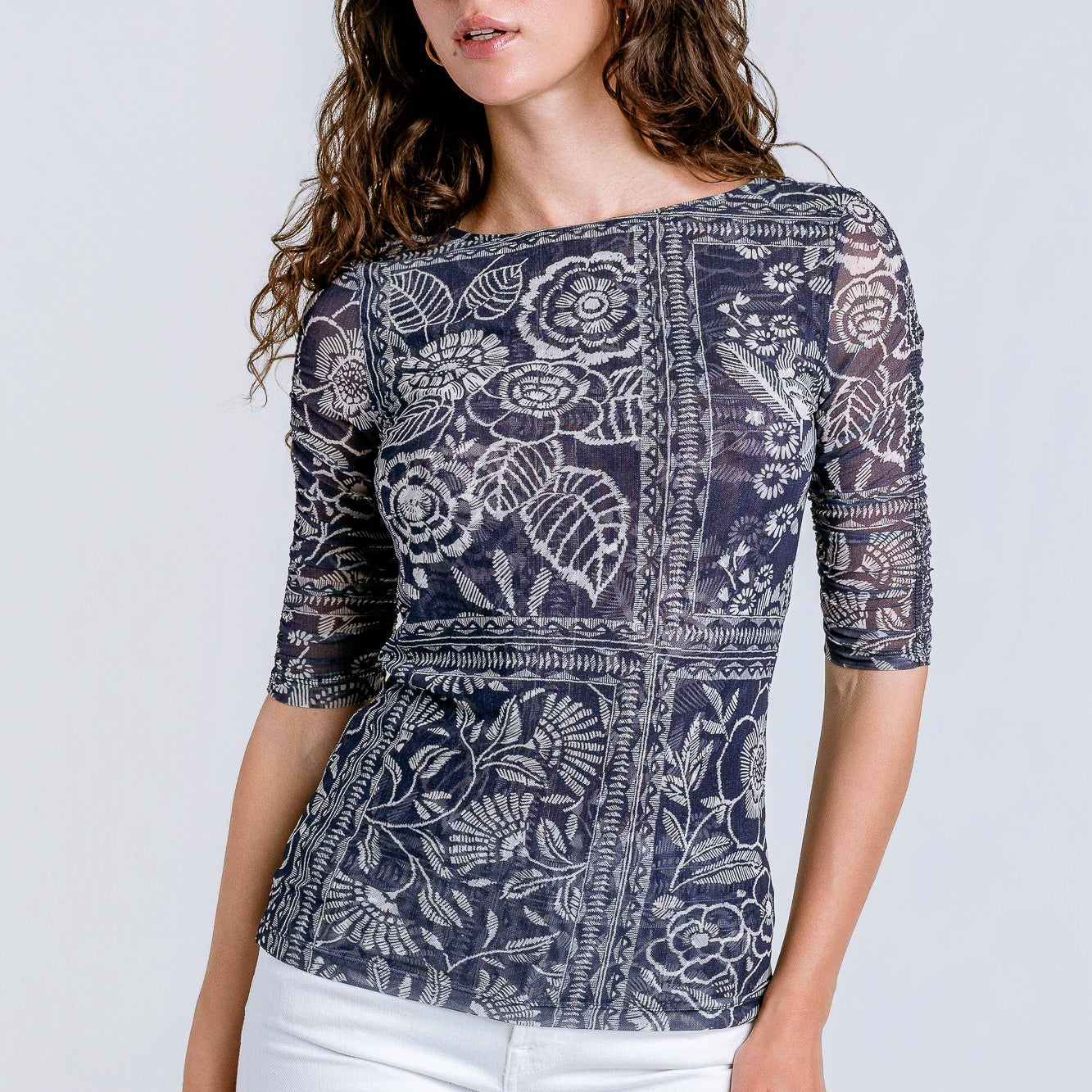 Johnny Was Ruched Sleeve Mesh Top