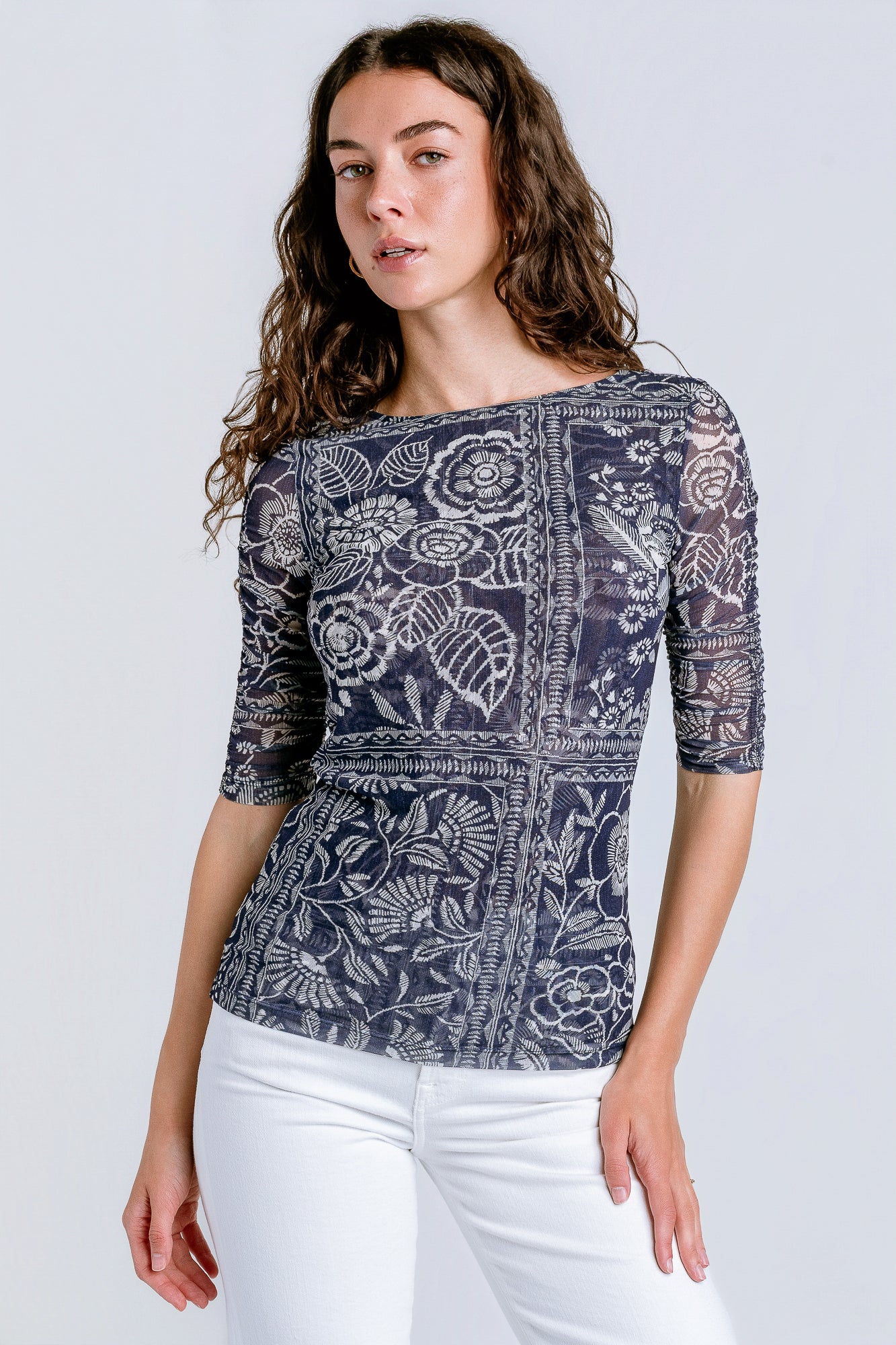 Johnny Was Ruched Sleeve Mesh Top