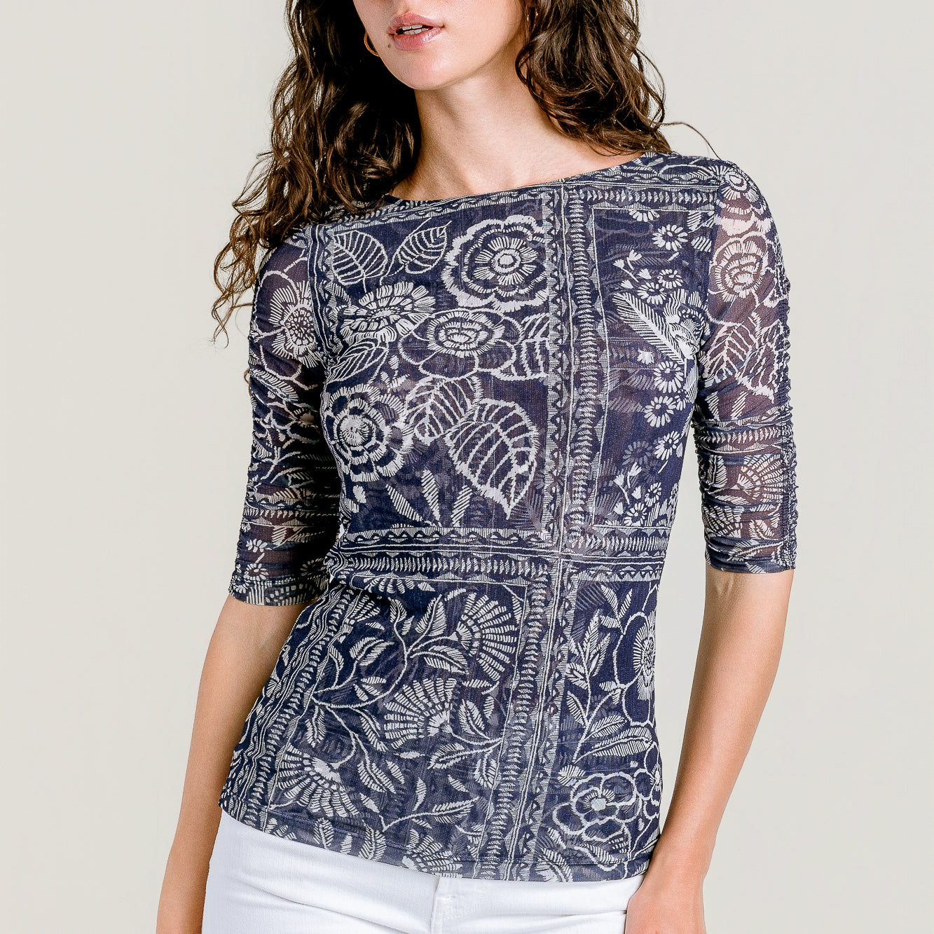 Ruched Sleeve Mesh Top