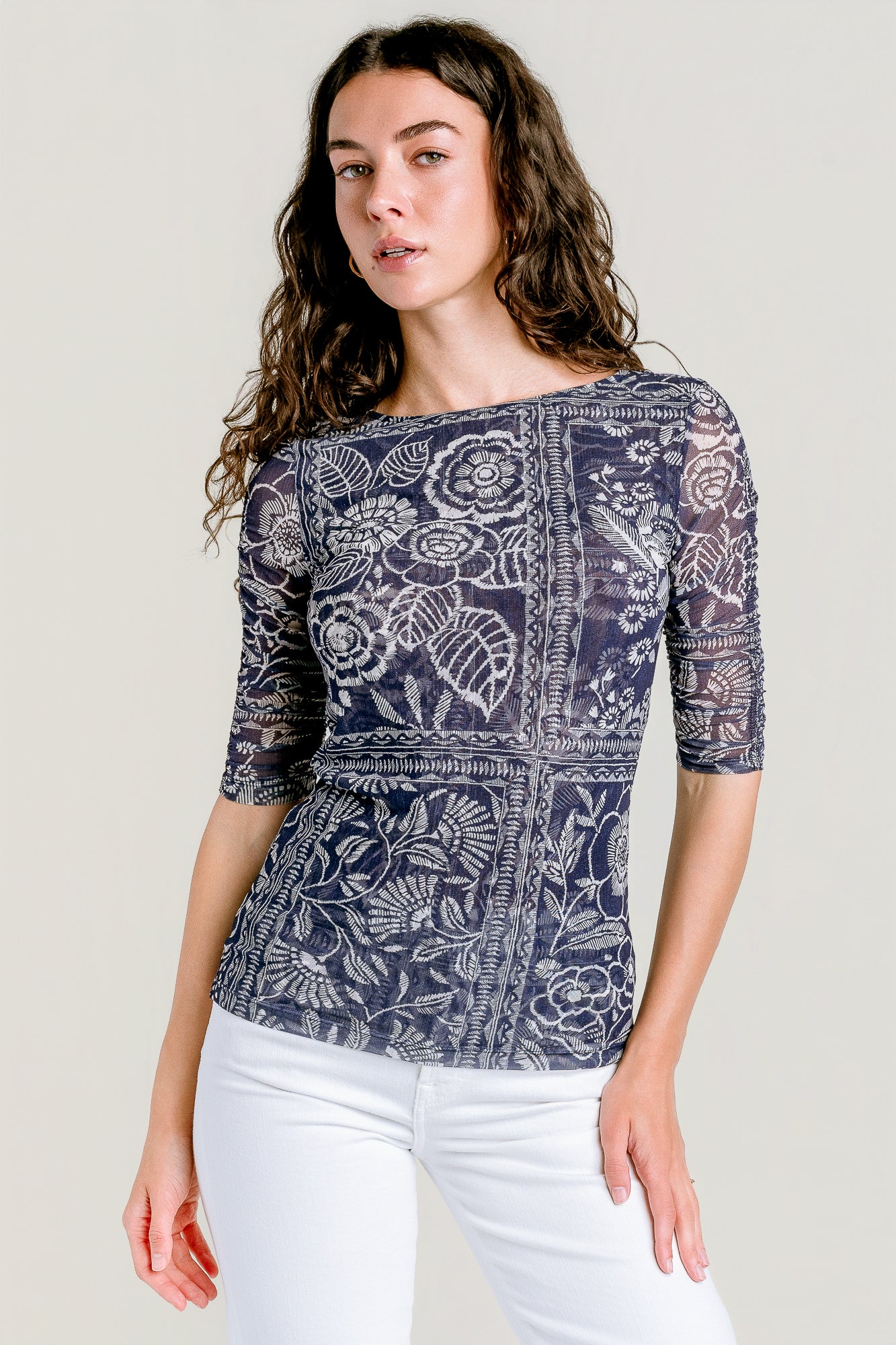 Ruched Sleeve Mesh Top