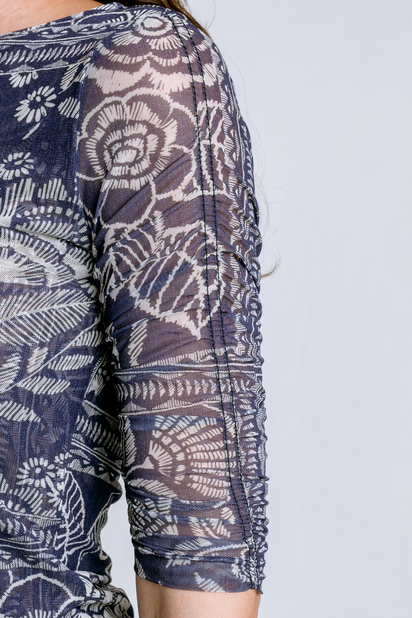 Johnny Was Ruched Sleeve Mesh Top