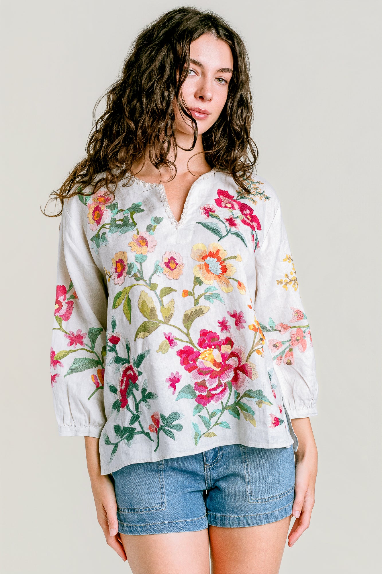 Split Neck Linen Blouse