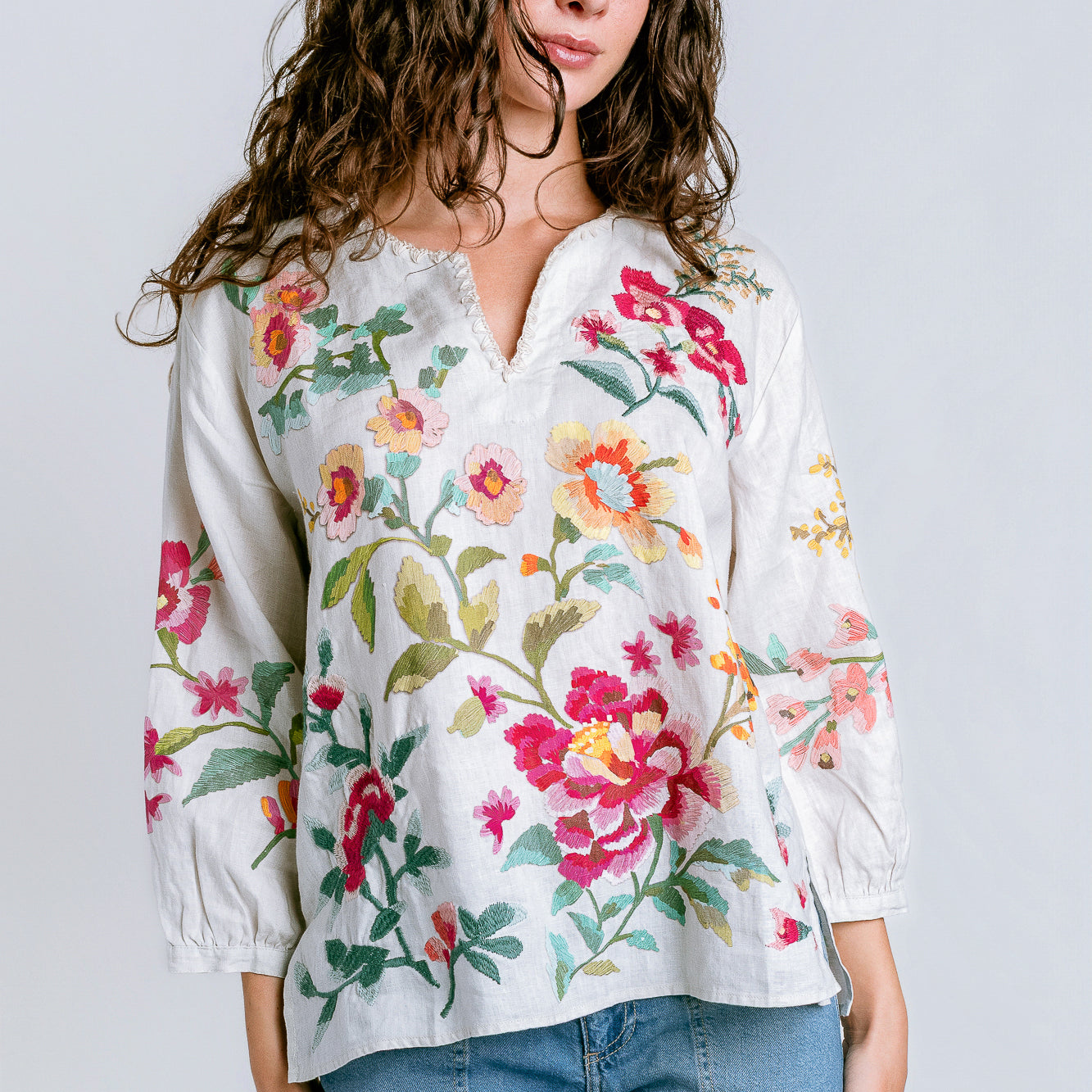 Johnny Was Split Neck Linen Blouse