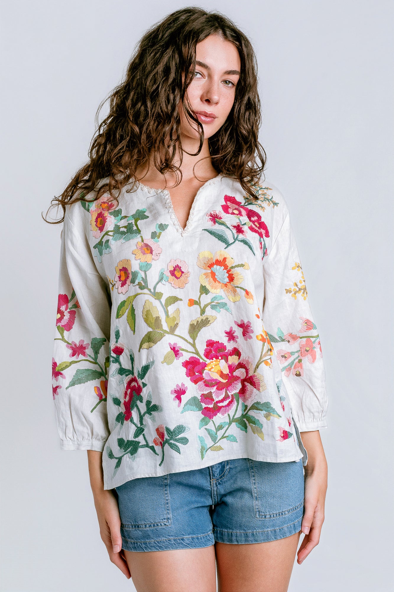 Johnny Was Split Neck Linen Blouse