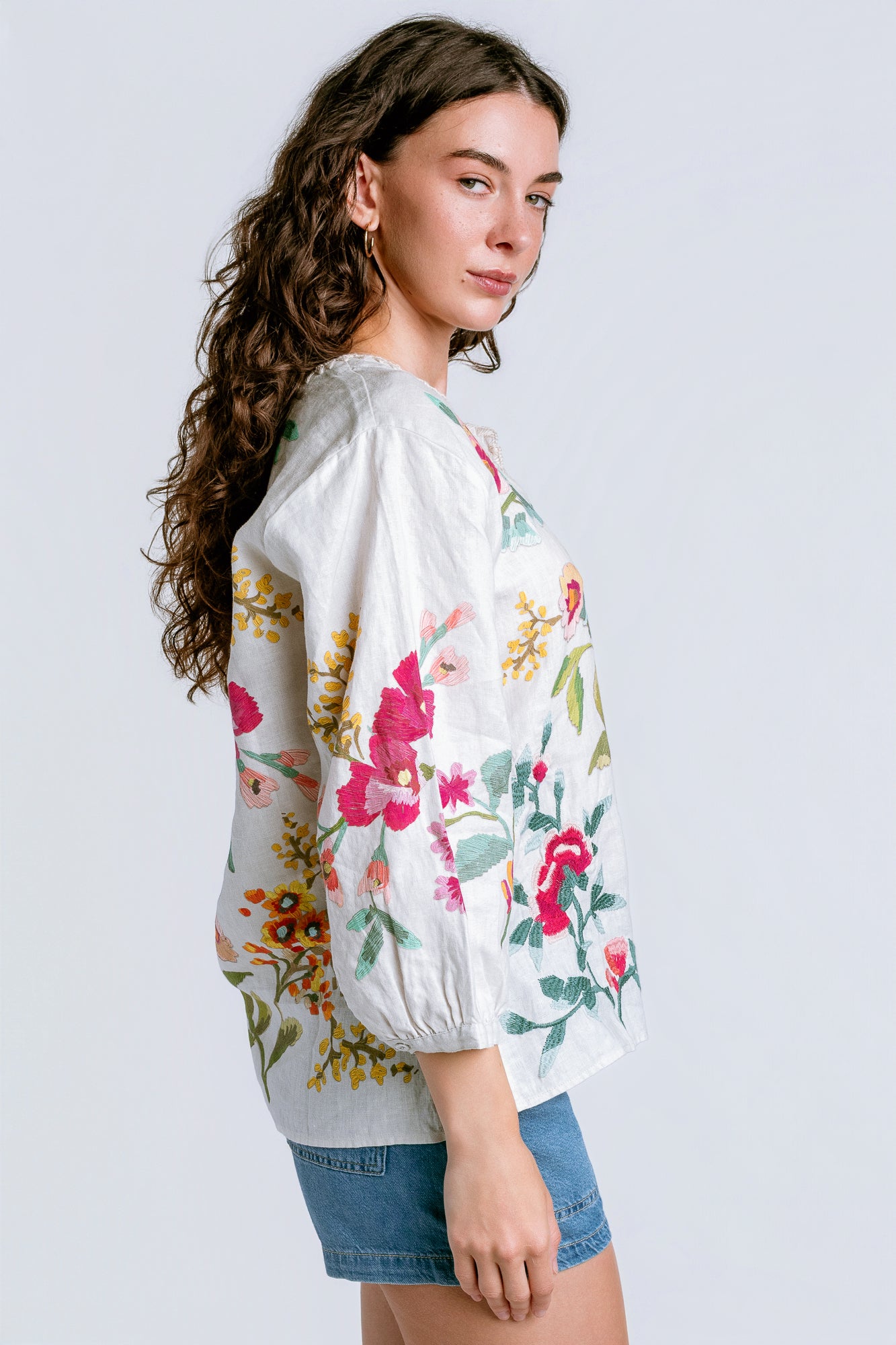 Johnny Was Split Neck Linen Blouse