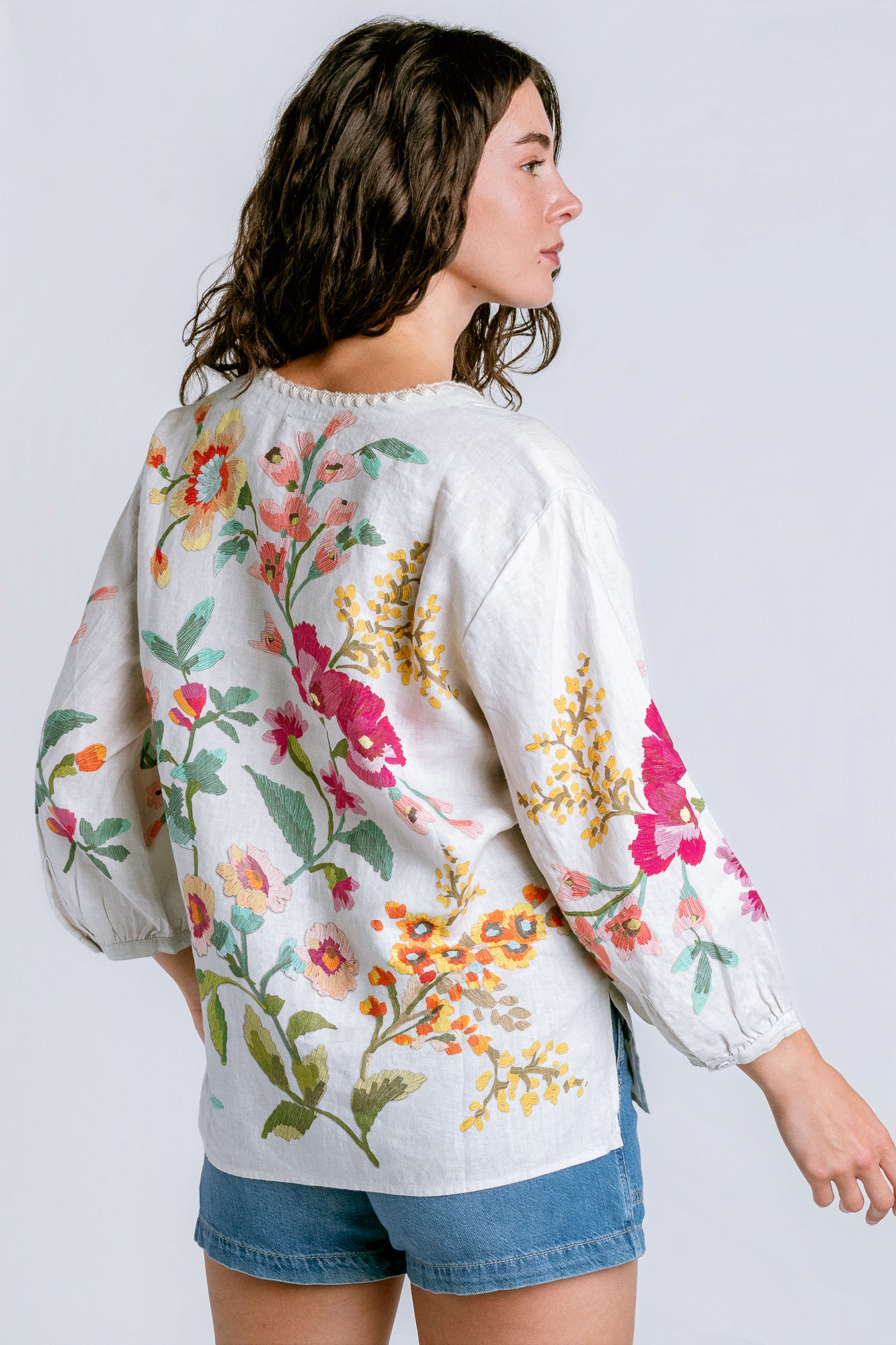 Johnny Was Split Neck Linen Blouse