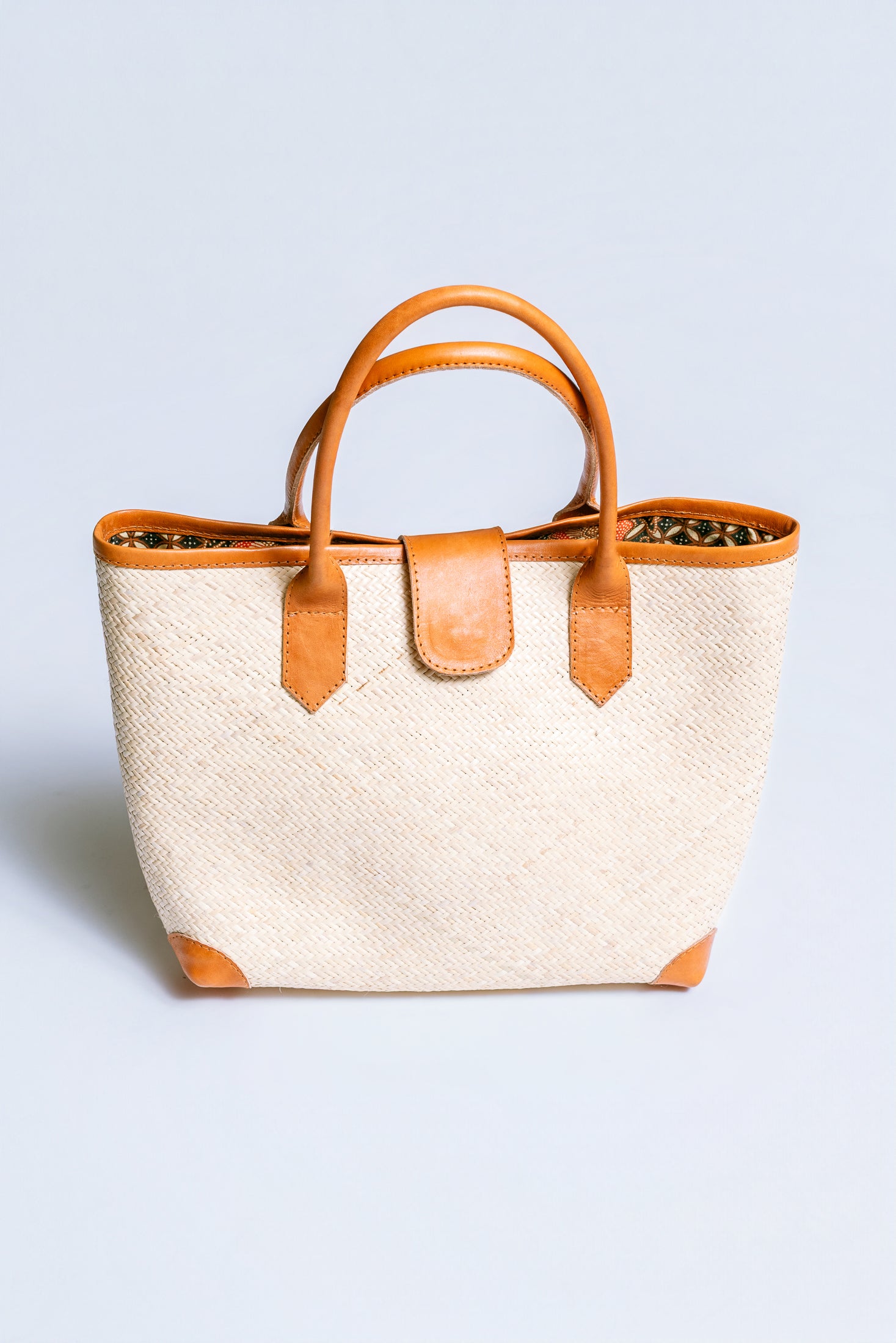 Rolled Leather Handle Rattan Tote
