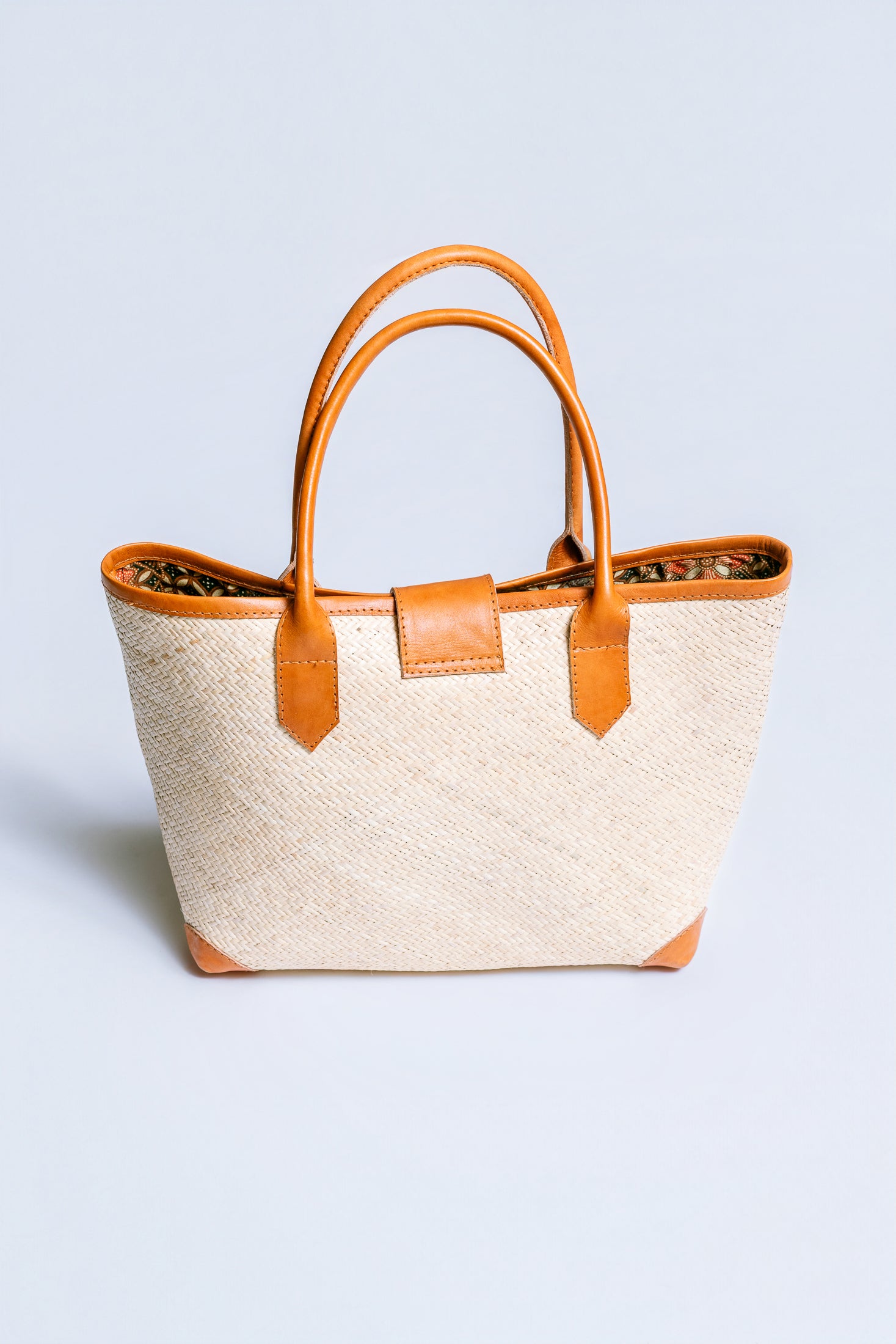 Rolled Leather Handle Rattan Tote