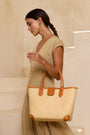 The Winding Road Rolled Leather Handle Rattan Tote