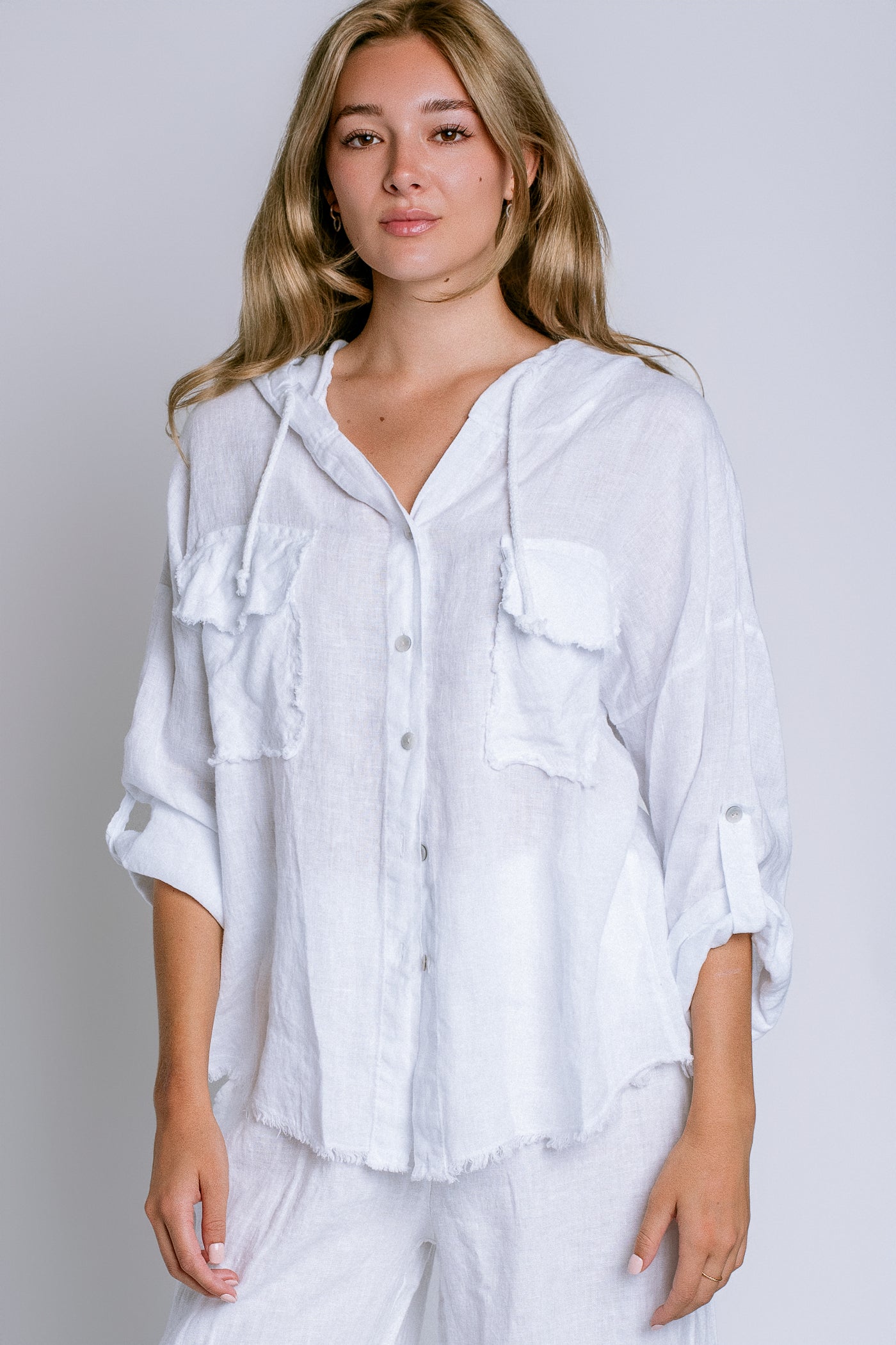 Milio Milano Fringe Hem Buttondown Linen Pullover