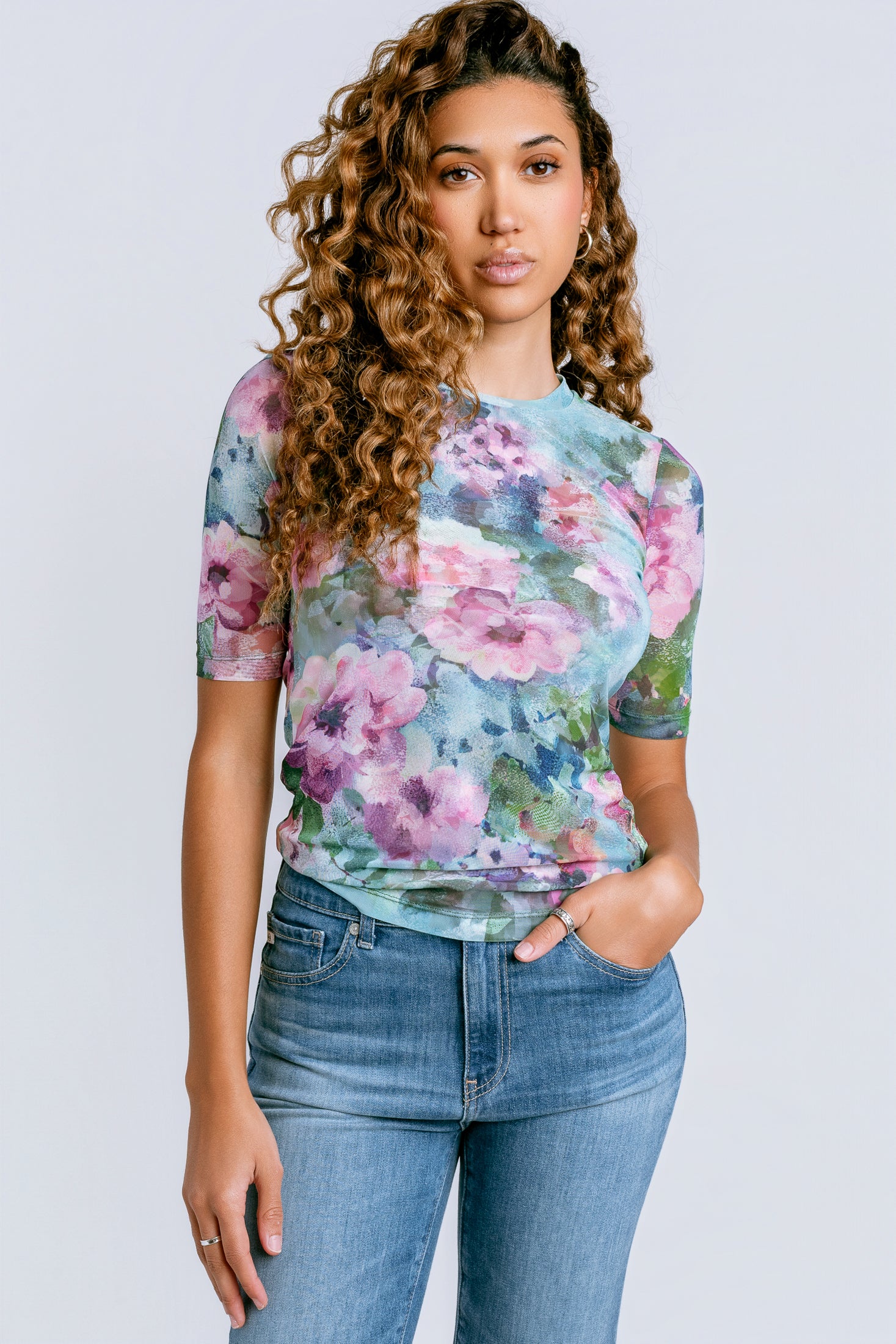 Johnny Was Elbow Sleeve Mesh Top