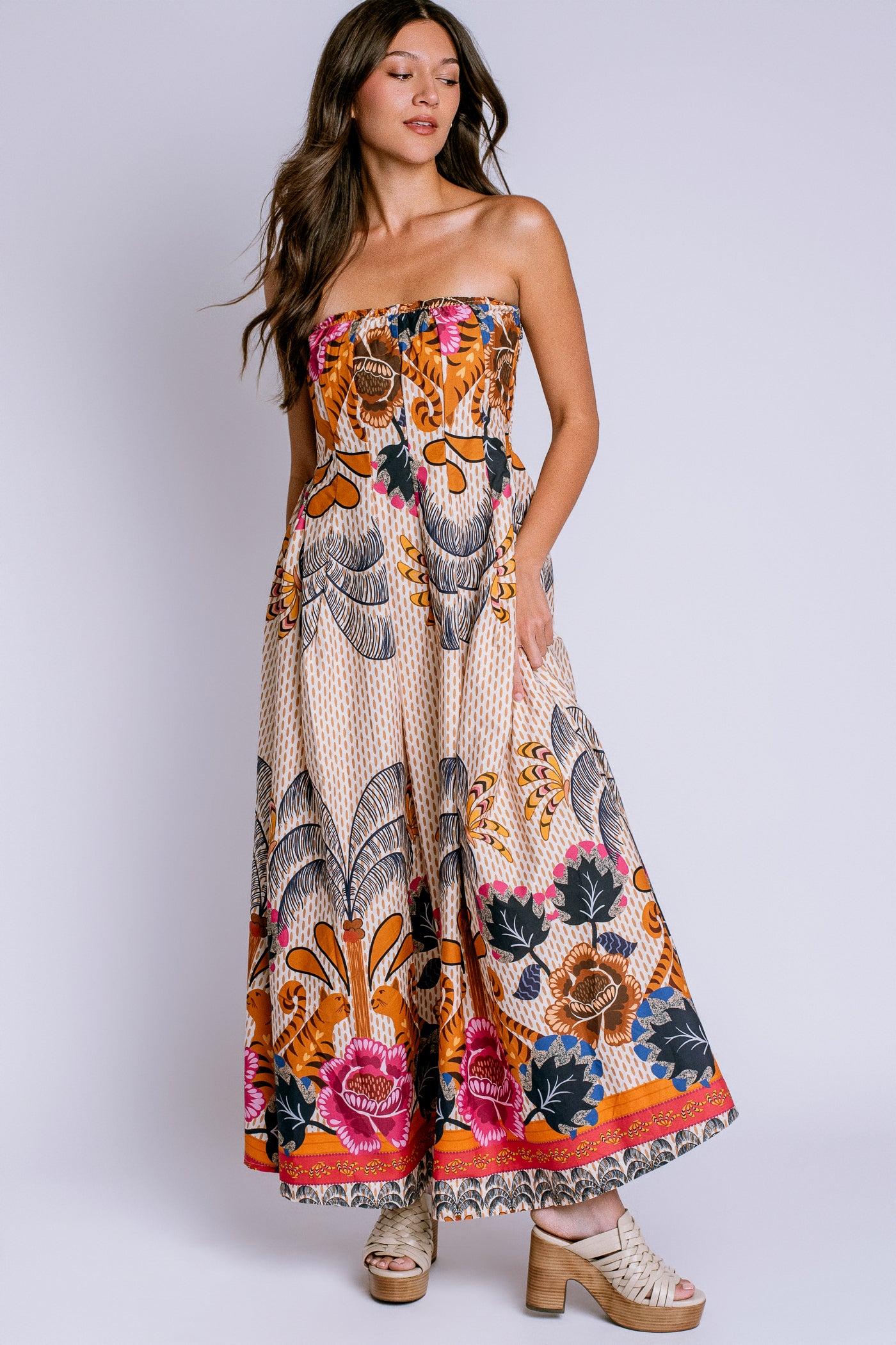 Milio Milano Floral Print Strapless Smocked Back Dress