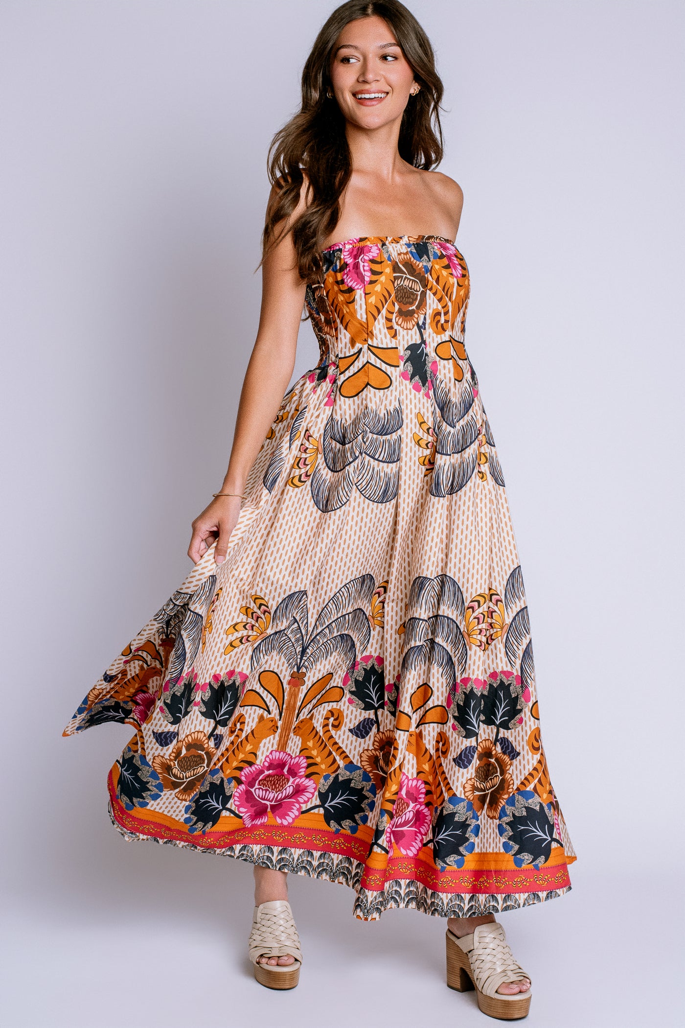 Milio Milano Floral Print Strapless Smocked Back Dress
