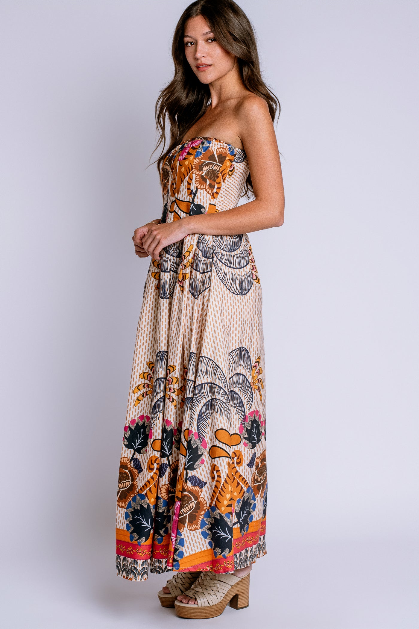 Milio Milano Floral Print Strapless Smocked Back Dress