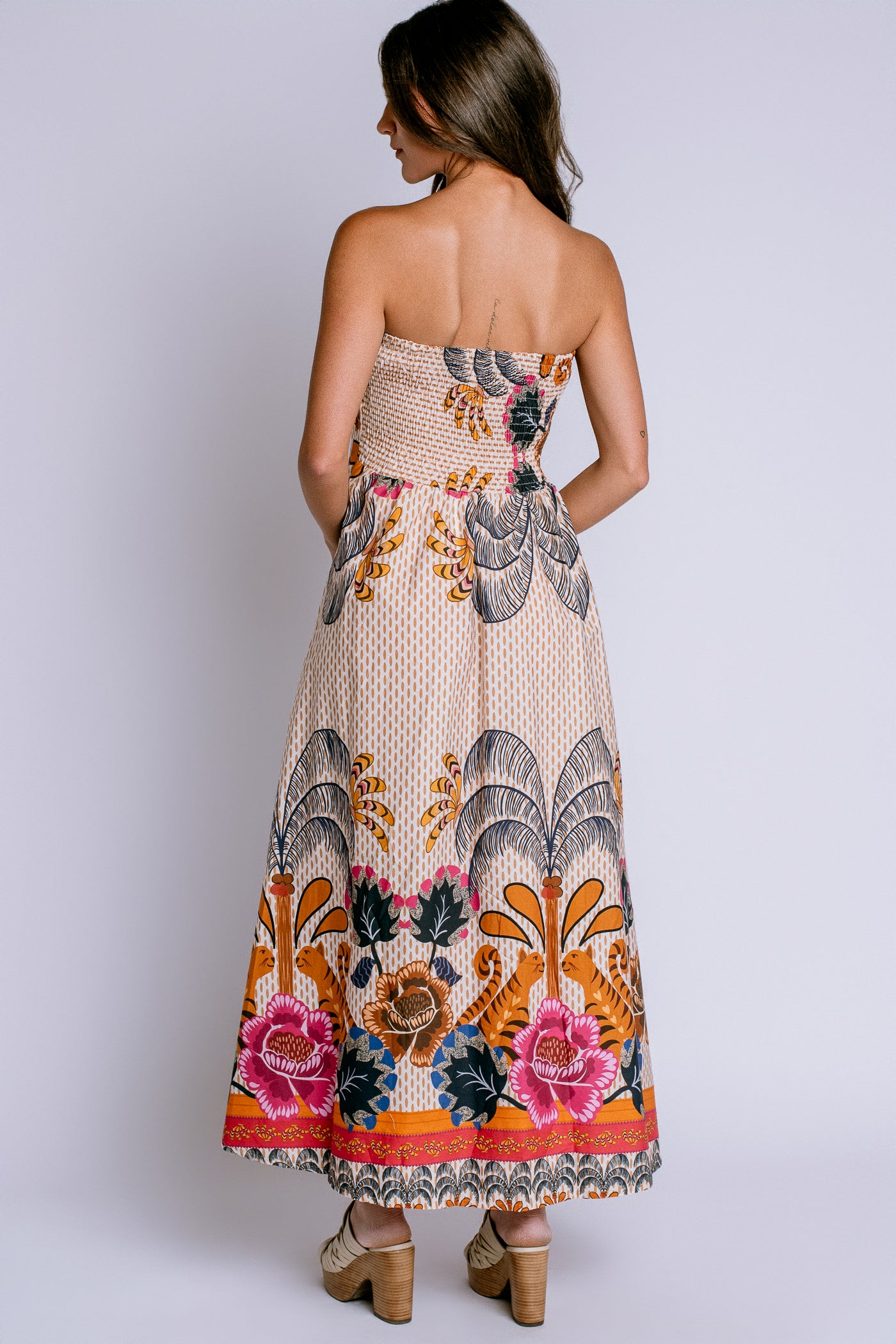 Milio Milano Floral Print Strapless Smocked Back Dress