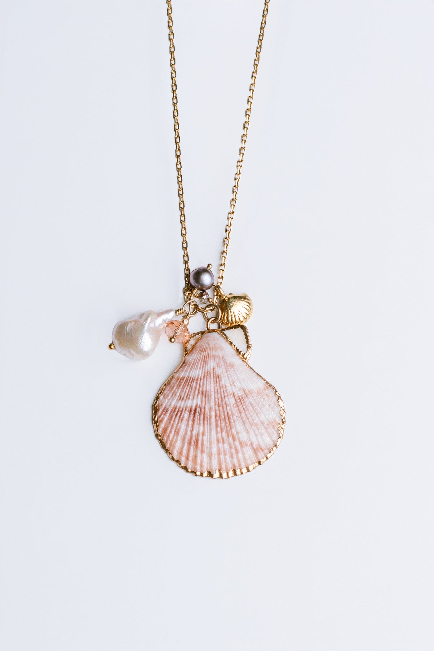 Lisa Marie Jewelry Long Shell, Pearl & Pink Crystal Necklace